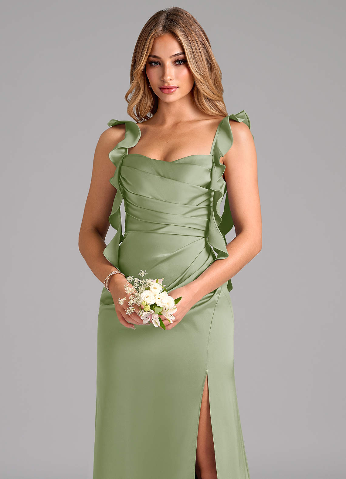 Azazie Jessamine Bridesmaid Dresses Dusty Sage Sheath Corset Stretch Satin Dress image6