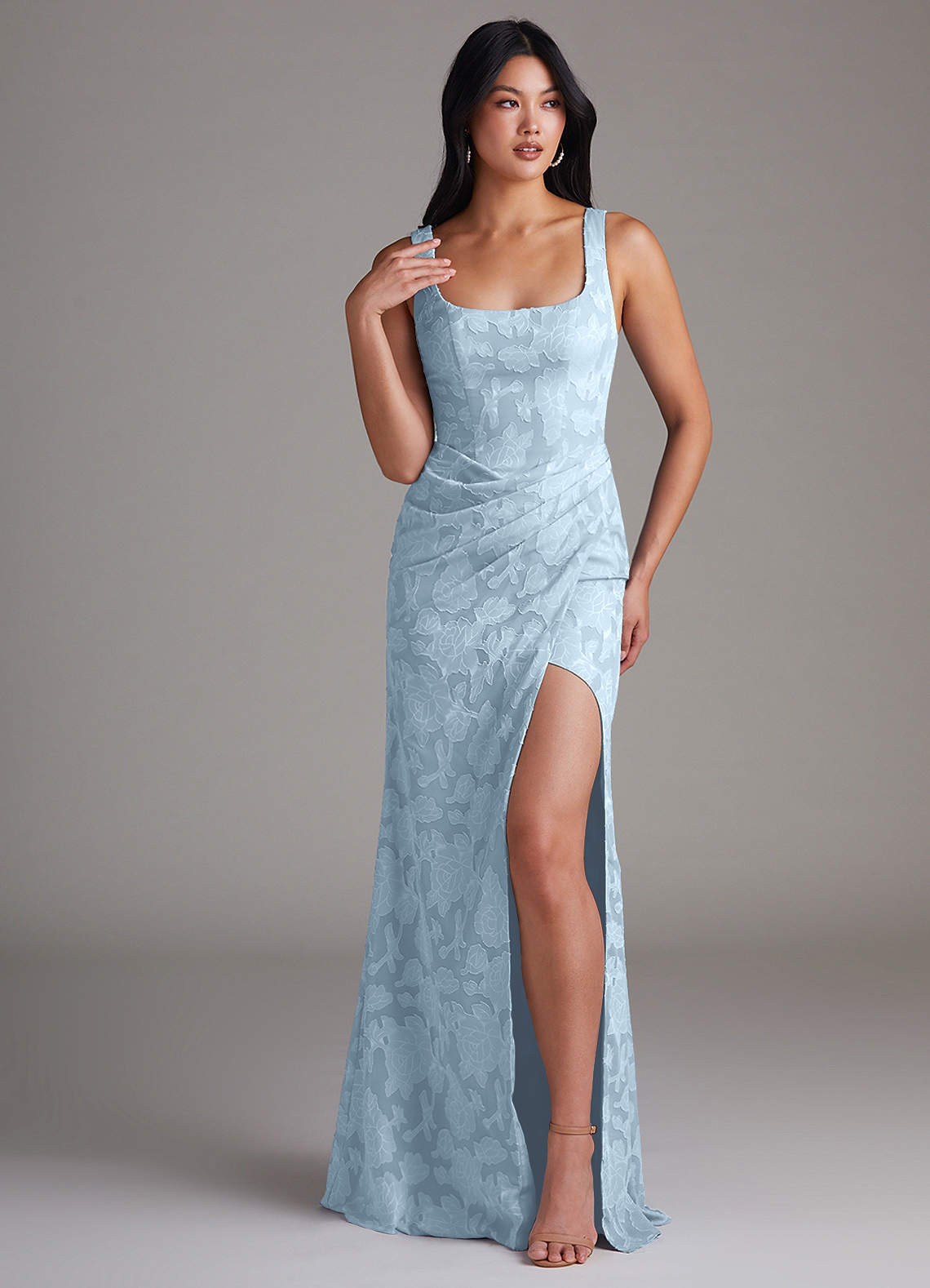 Azazie Mero Bridesmaid Dresses Sky Blue Sheath Pleated Floral Burnout Dress image1