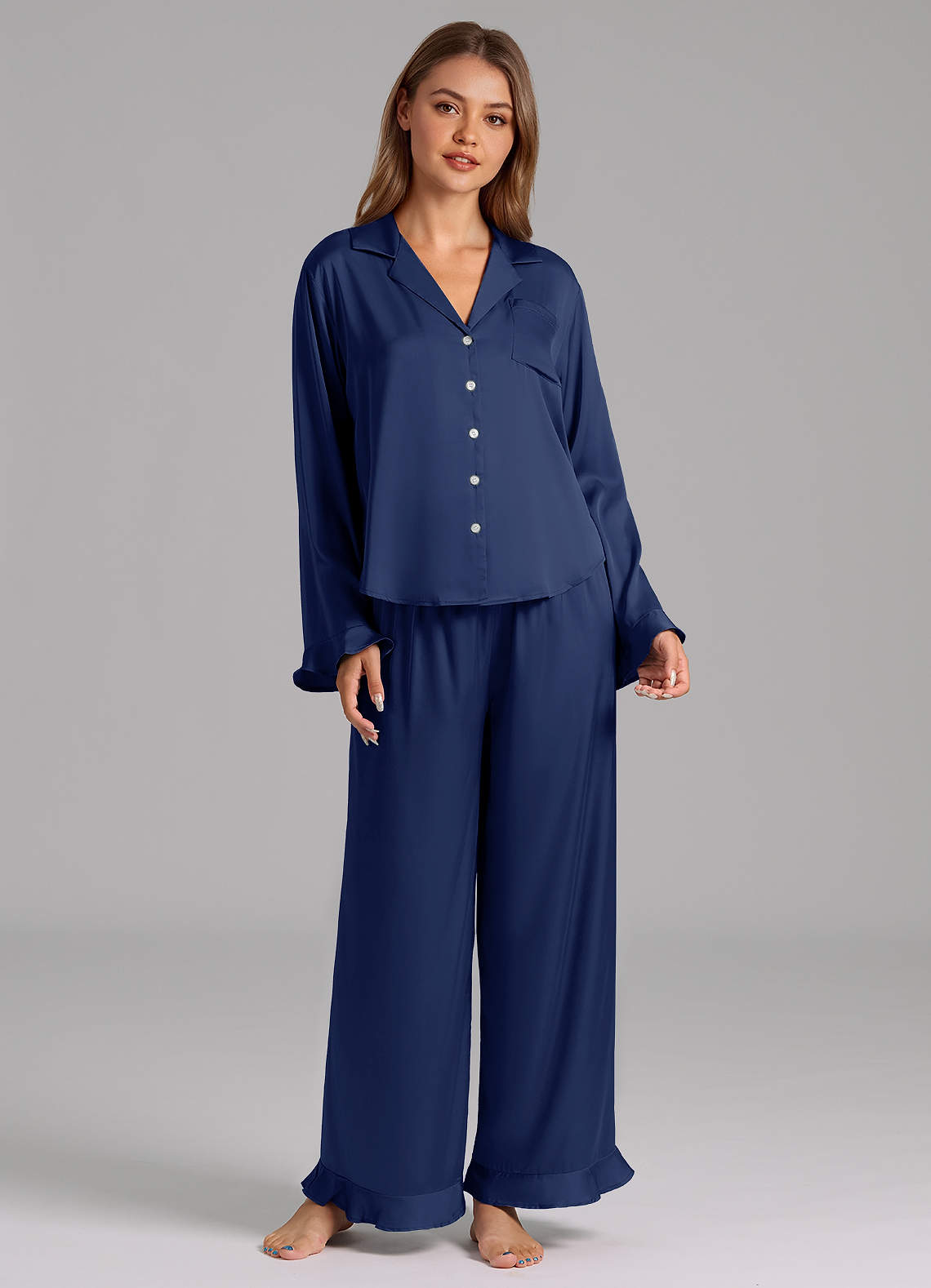 front Matching Color Ruffled Satin Long Sleeve Pajama Set