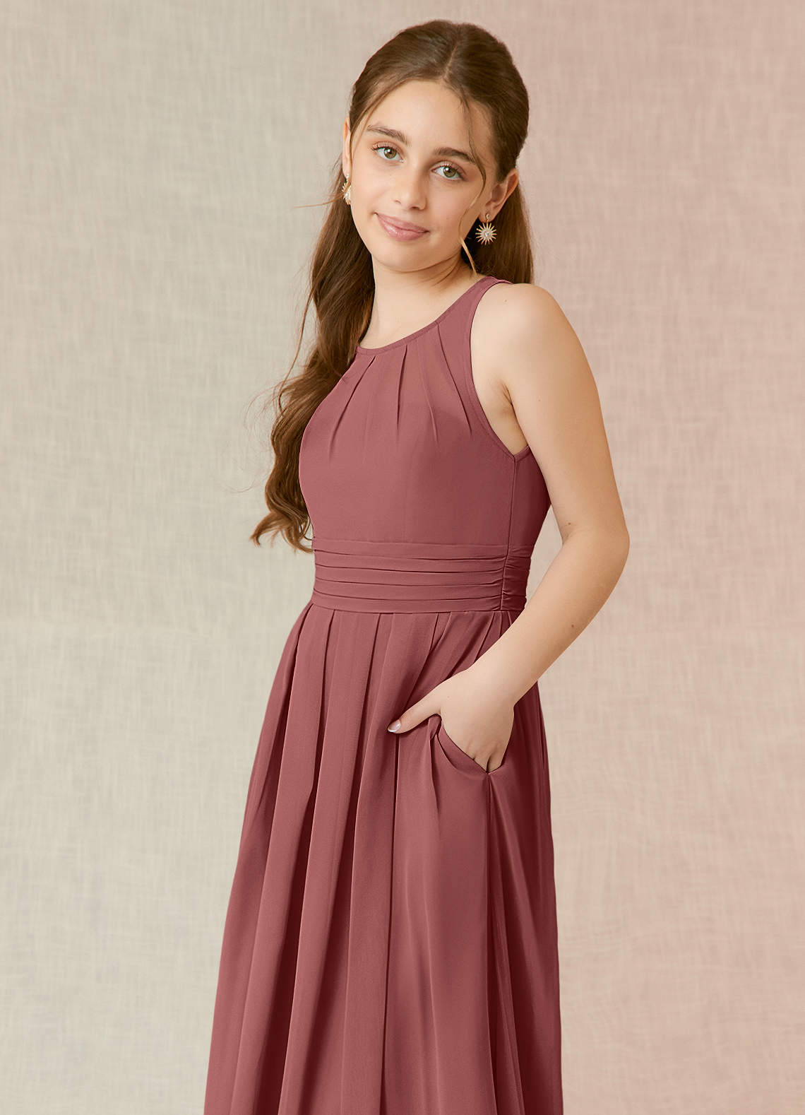 Azazie Bibiane Junior Abito A-Line in Chiffon Plissettato Ametista image12