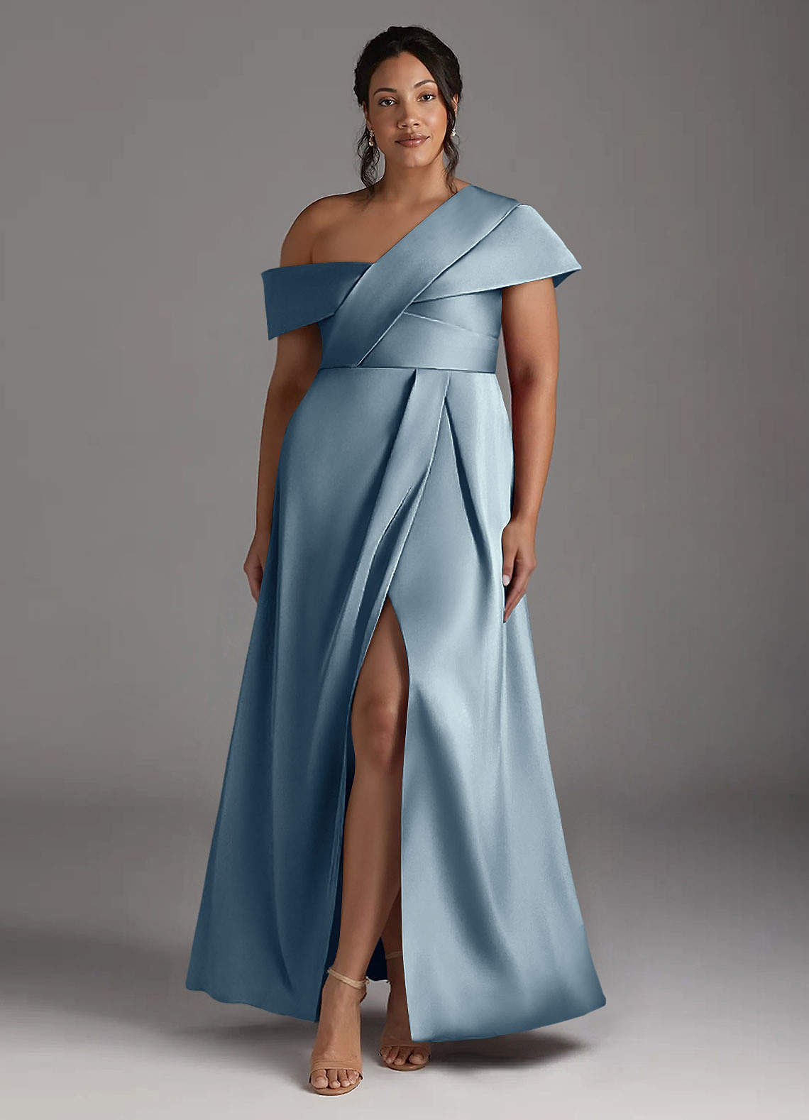 Azazie Milton Mother of the Bride Dresses Dusty Blue A-Line Pleated Stretch Satin Dress image8