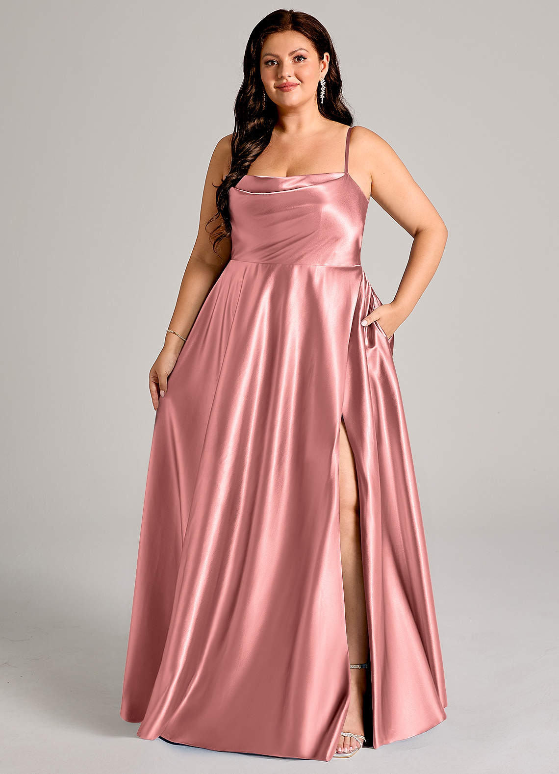 Azazie Elle Bridesmaid Dresses Rosette A-Line with Pockets Metallic Satin Dress image1