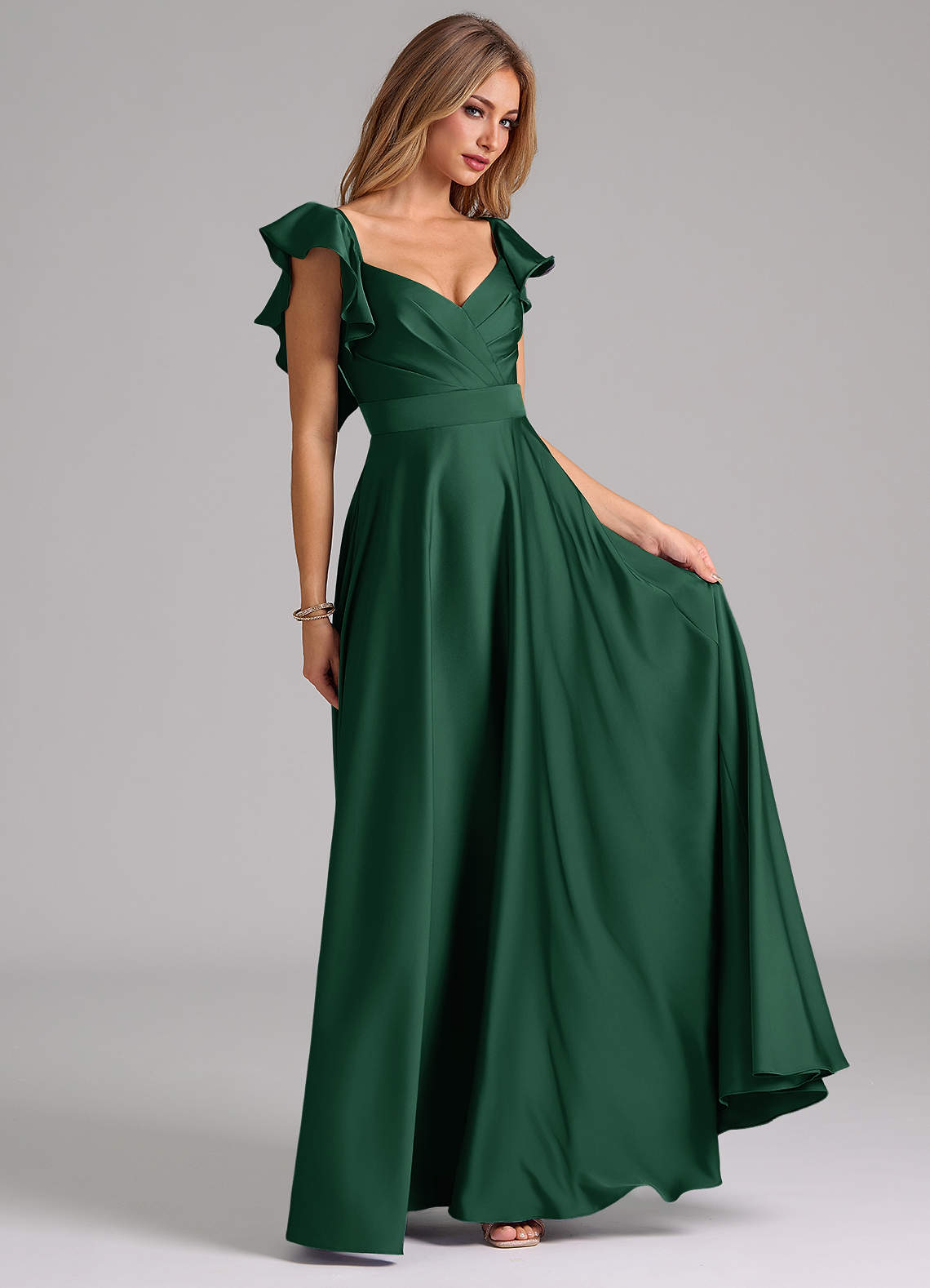 Azazie Leilani Bridesmaid Dresses Dark Green A-Line Ruched Stretch Satin Dress image3