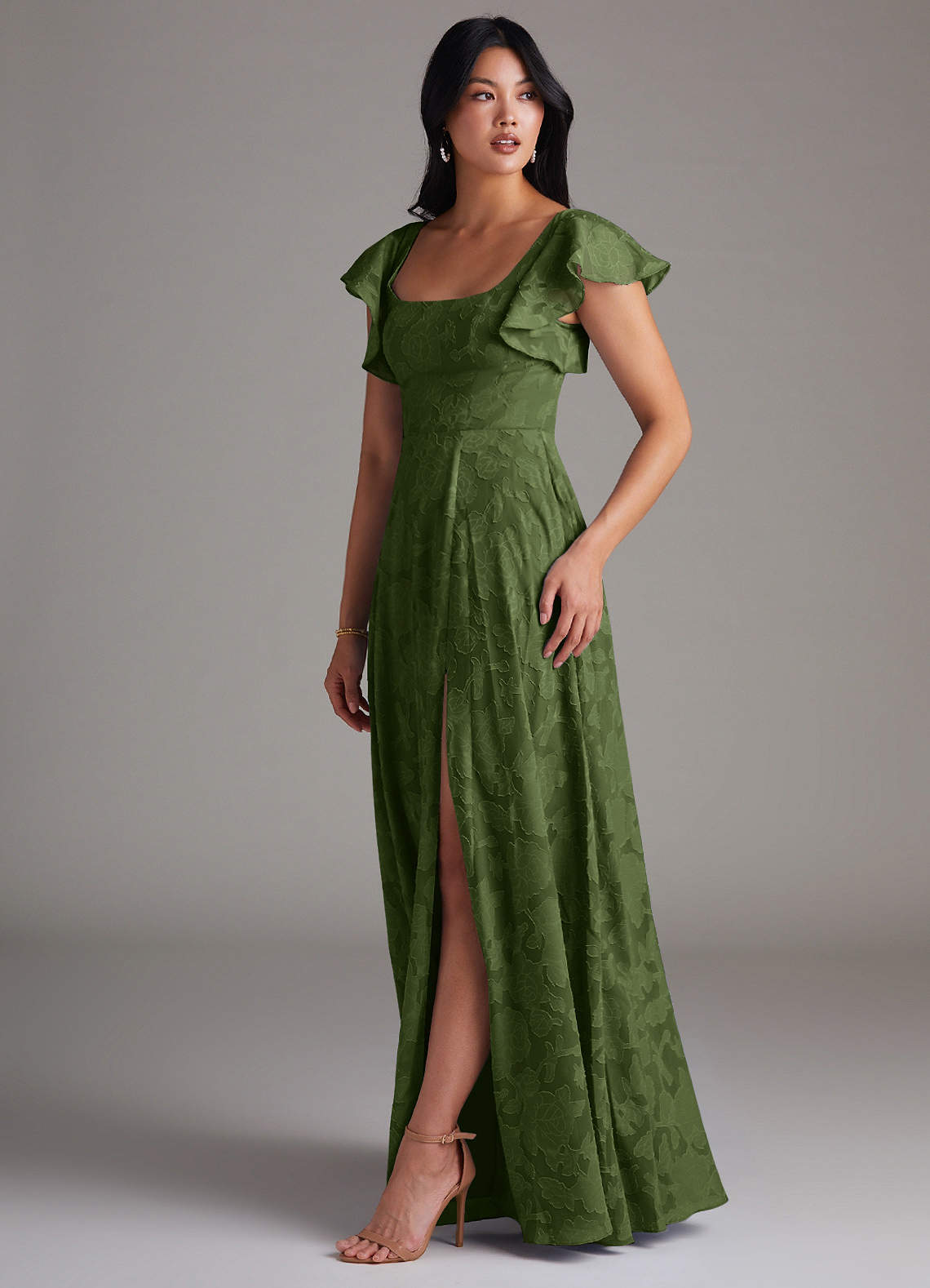 Azazie Bondi Vestidos de madrinha de casamento Vestido Oliva de Esgotamento Floral de Linha A com Fenda Lateral image1