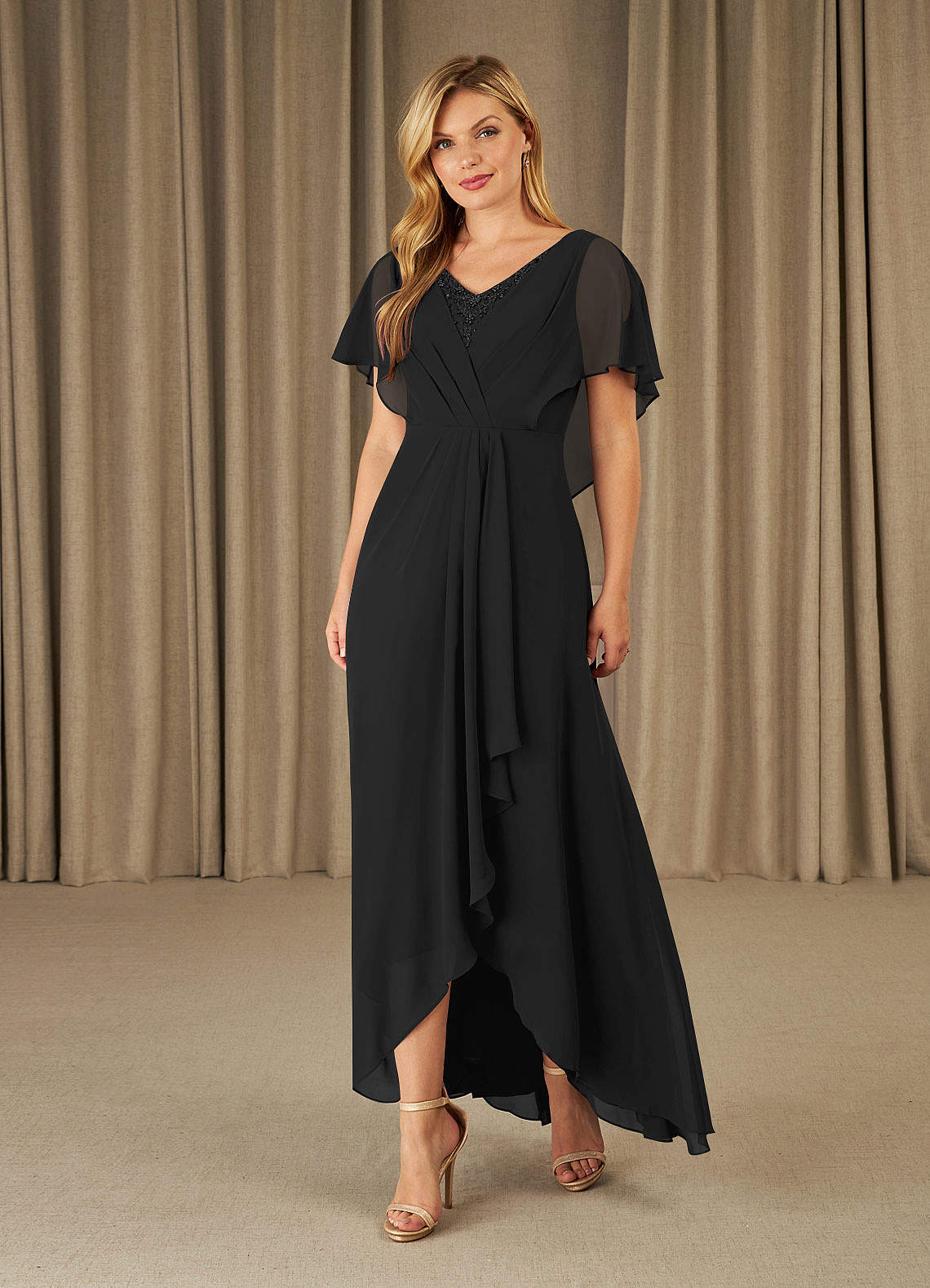 Black Azazie Eliza A-Line V-Neck Pleated Chiffon Asymmetrical Dress ...