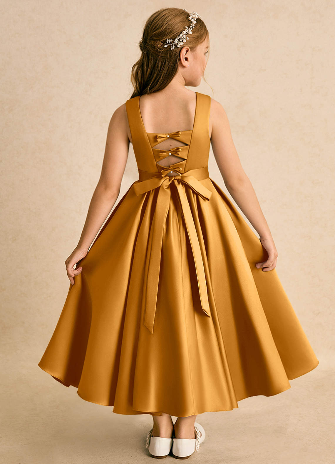Azazie Junebuj Flower Girl Dresses Butterscotch Ball-Gown Pleated Matte Satin Dress image1