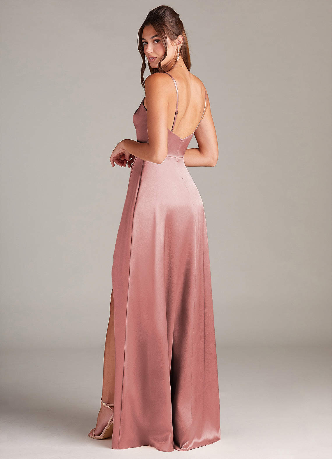 Azazie Sarella Brautjungfernkleider A-Linie mit Taschen Metallischer Satin Kleid Altrosa image3