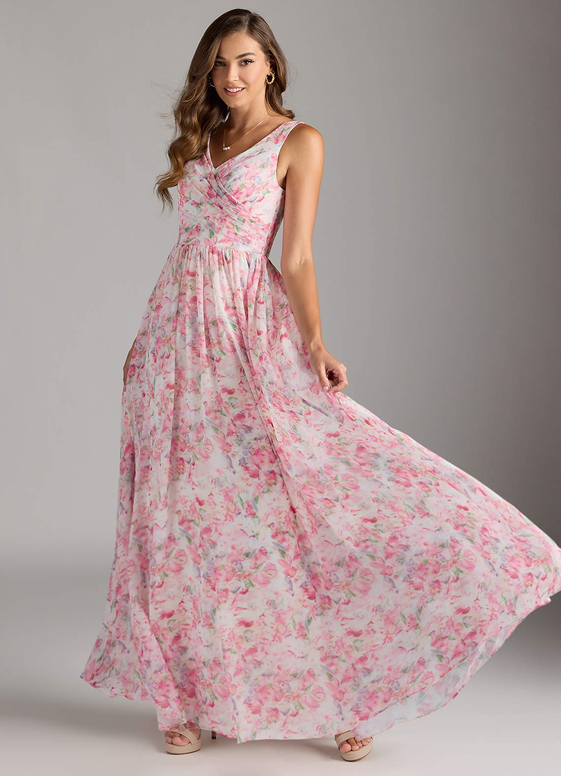 Azazie Keyla Bridesmaid Dresses Abstract Watercolor Floral A-Line V-Neck Pleated Chiffon Dress image1