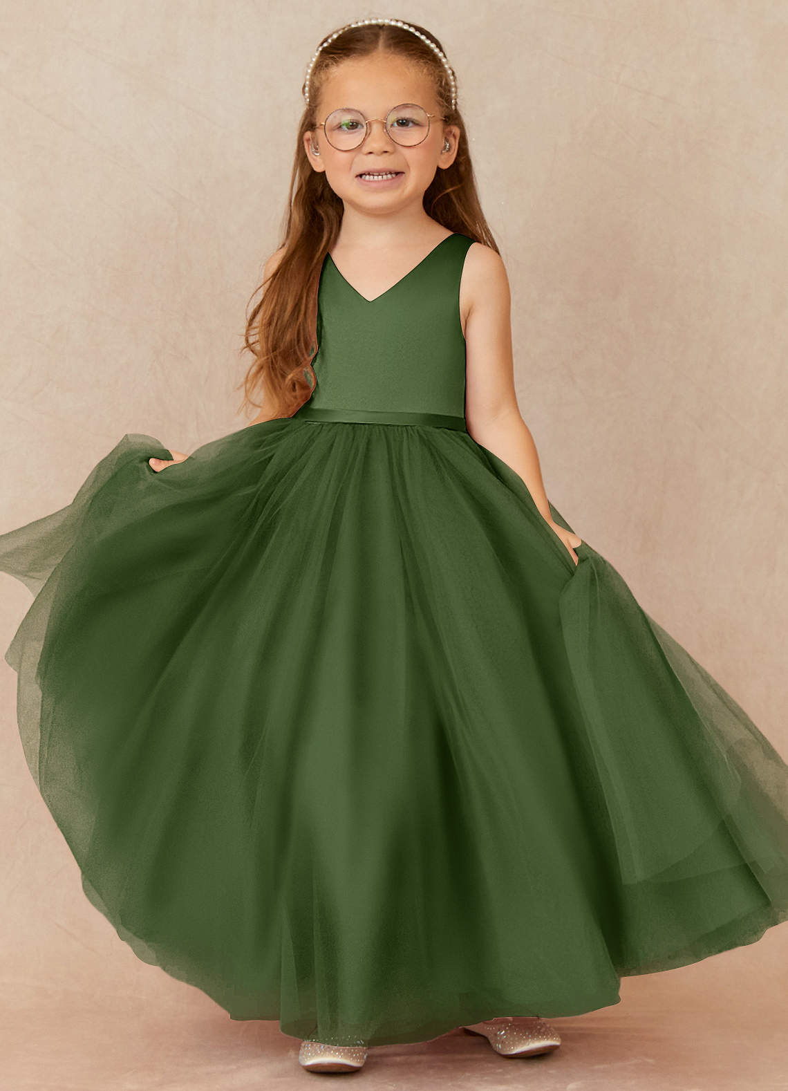 Azazie Marybell Flower Girl Dresses Olive A-Line Bow Tulle Dress image1