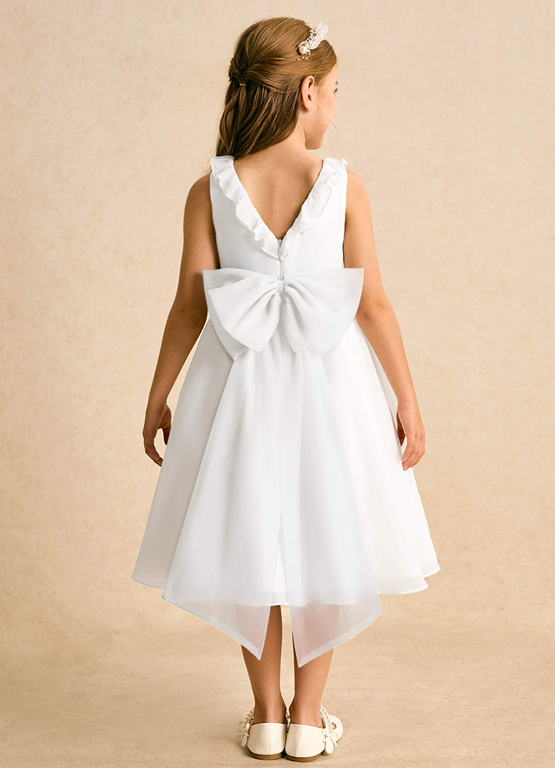 Azazie Dani vestidos de niña de las flores Vestido de Marfil de Gasa de Corte en A con Lazo image6