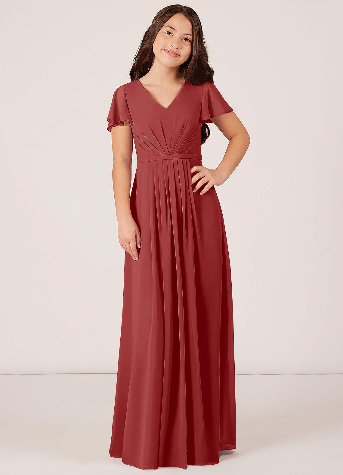 Azazie Peony Junior A-Linie Plissee Chiffon Kleid Rost image1