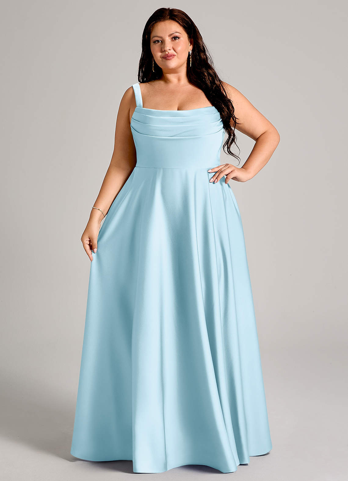 Azazie Shaude Bridesmaid Dresses Sky Blue A-Line Pleated Stretch Satin Dress image11