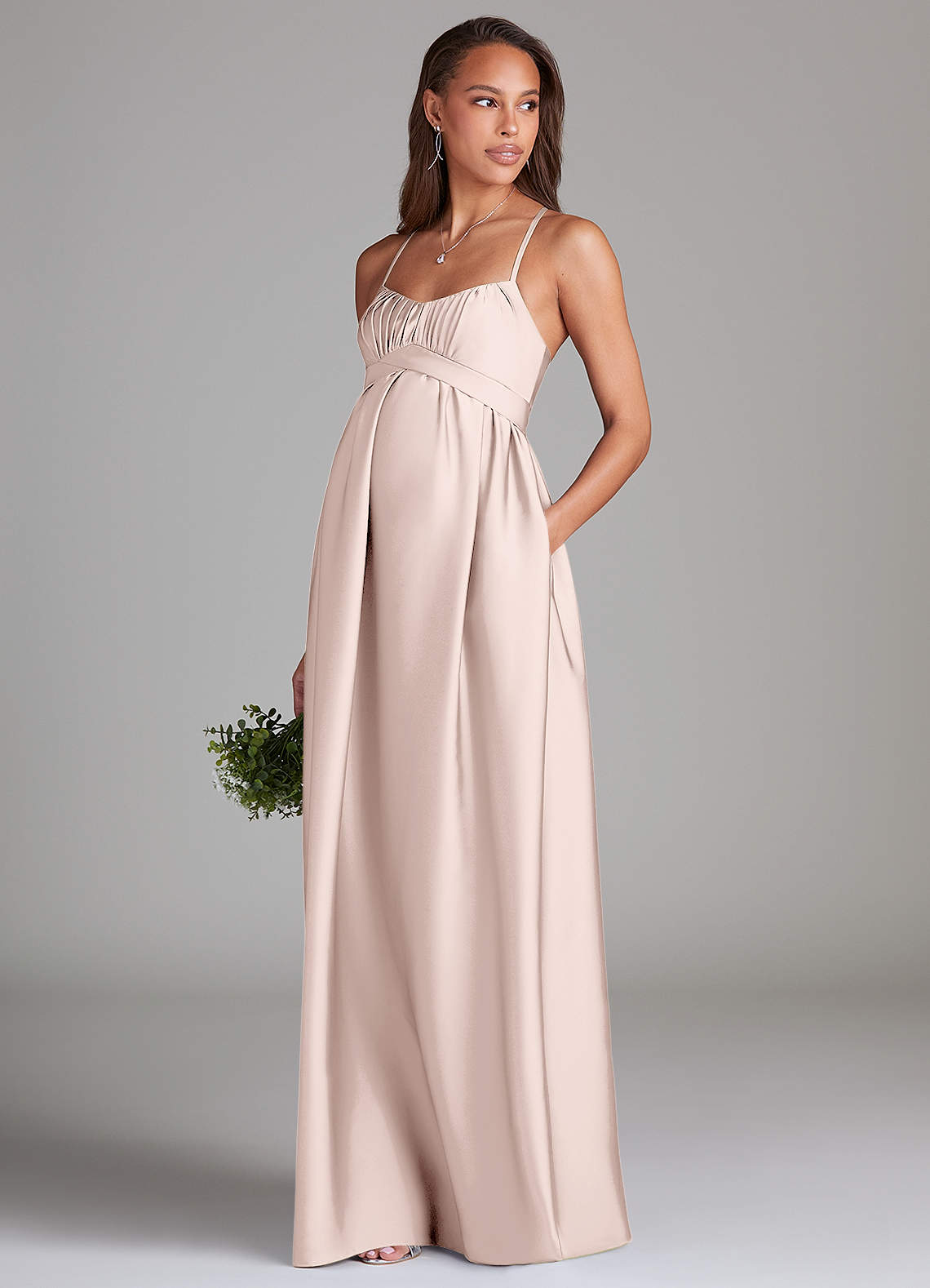 Azazie Llana Maternity Bridesmaid Dresses A-Line Stretch Satin Floor-Length Dress with Pockets image1