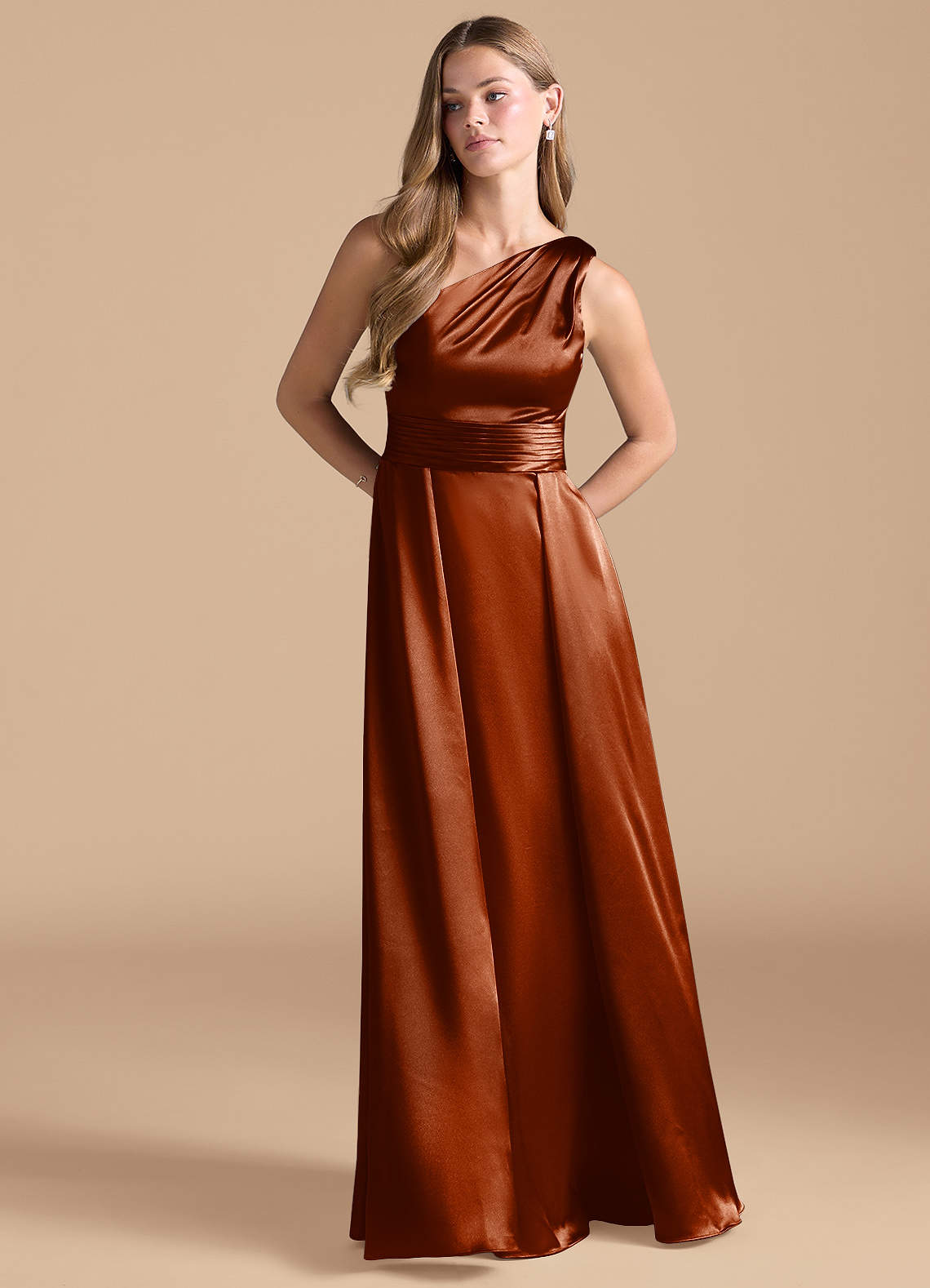 Azazie Dallas Bridesmaid Dresses Auburn A-Line One Shoulder Metallic Satin Dress image1
