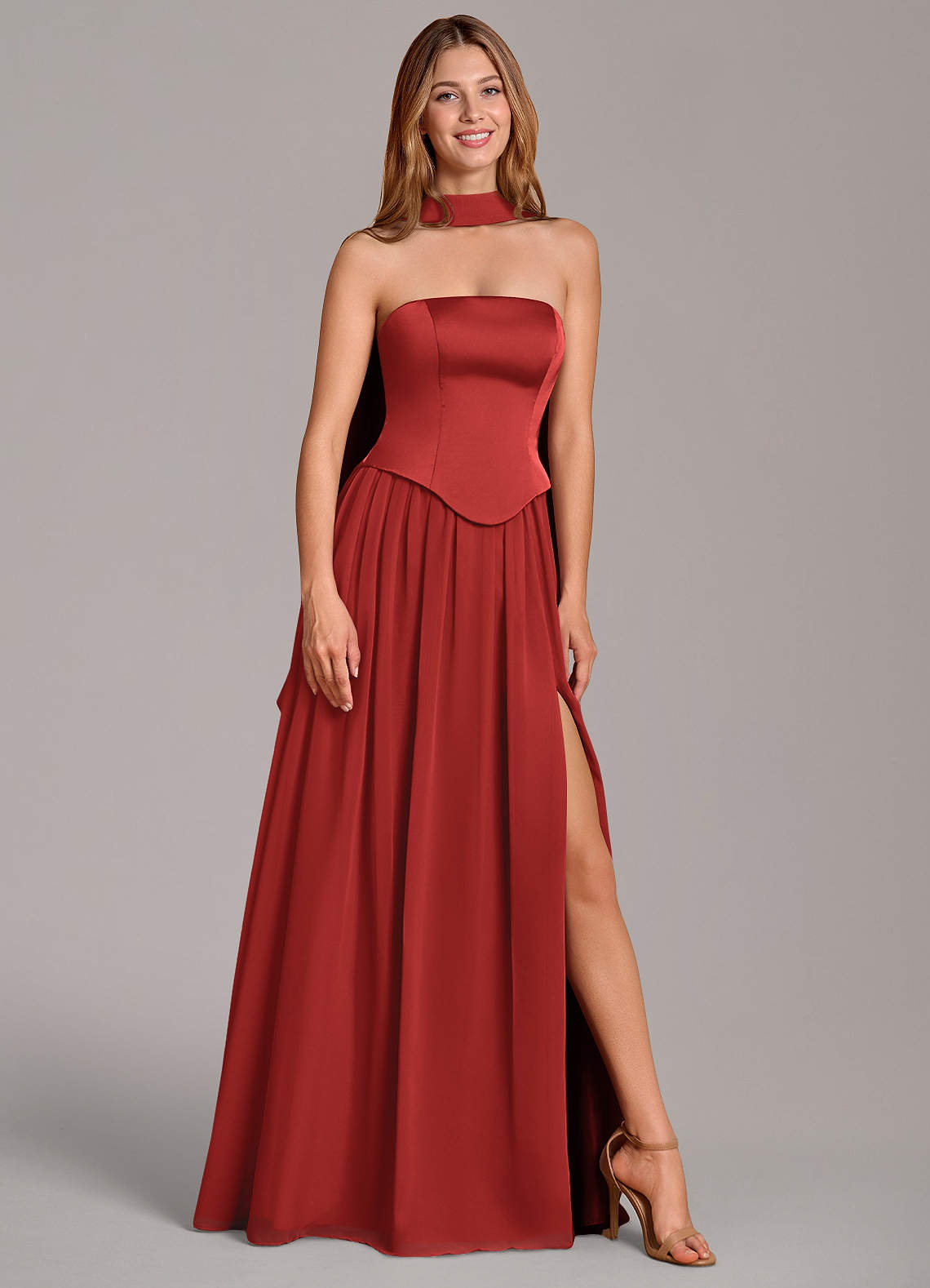 Azazie Cadence Bridesmaid Dresses Pomegranate A-Line Corset Stretch Satin Convertible Dress image1