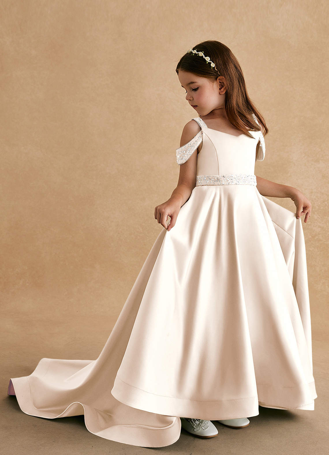 Azazie Jodi vestidos de niña de las flores Vestido de Alabastro Blanco de Satin Mate de Corte En A image1