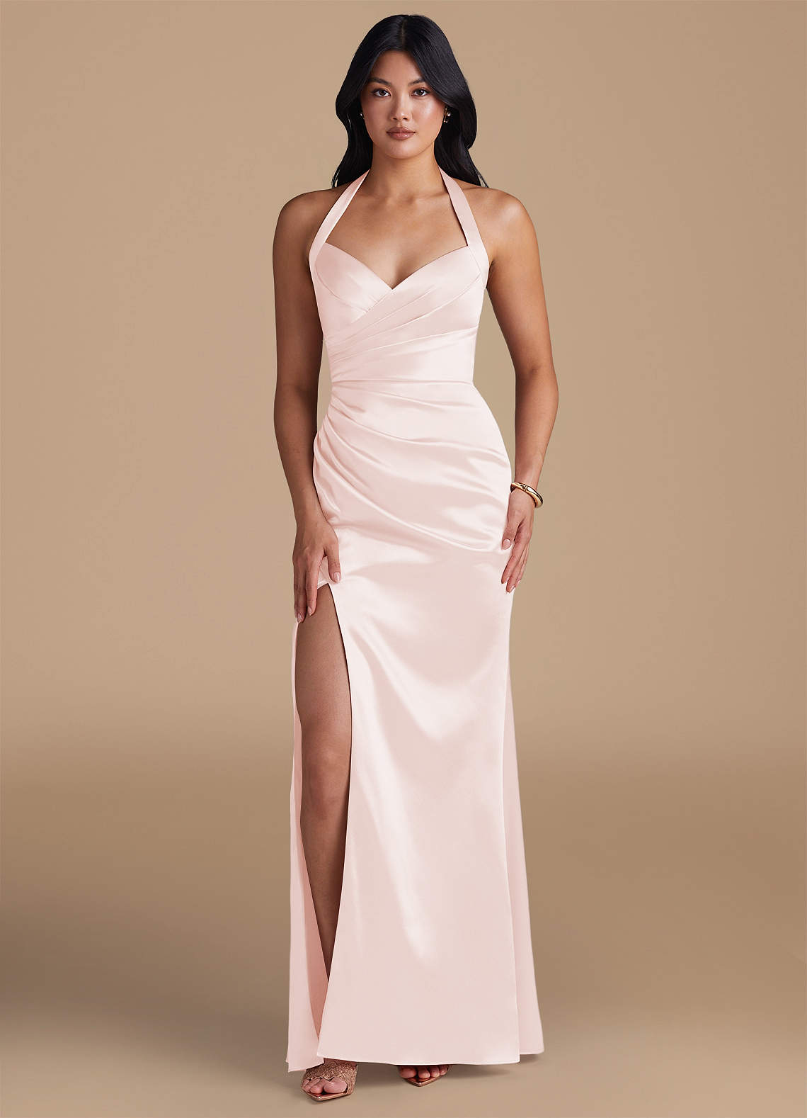 Azazie Emeria Robes de demoiselle d'honneur Robe Fourreau en Satiné métallisé Fente Latérale Or Rose image1