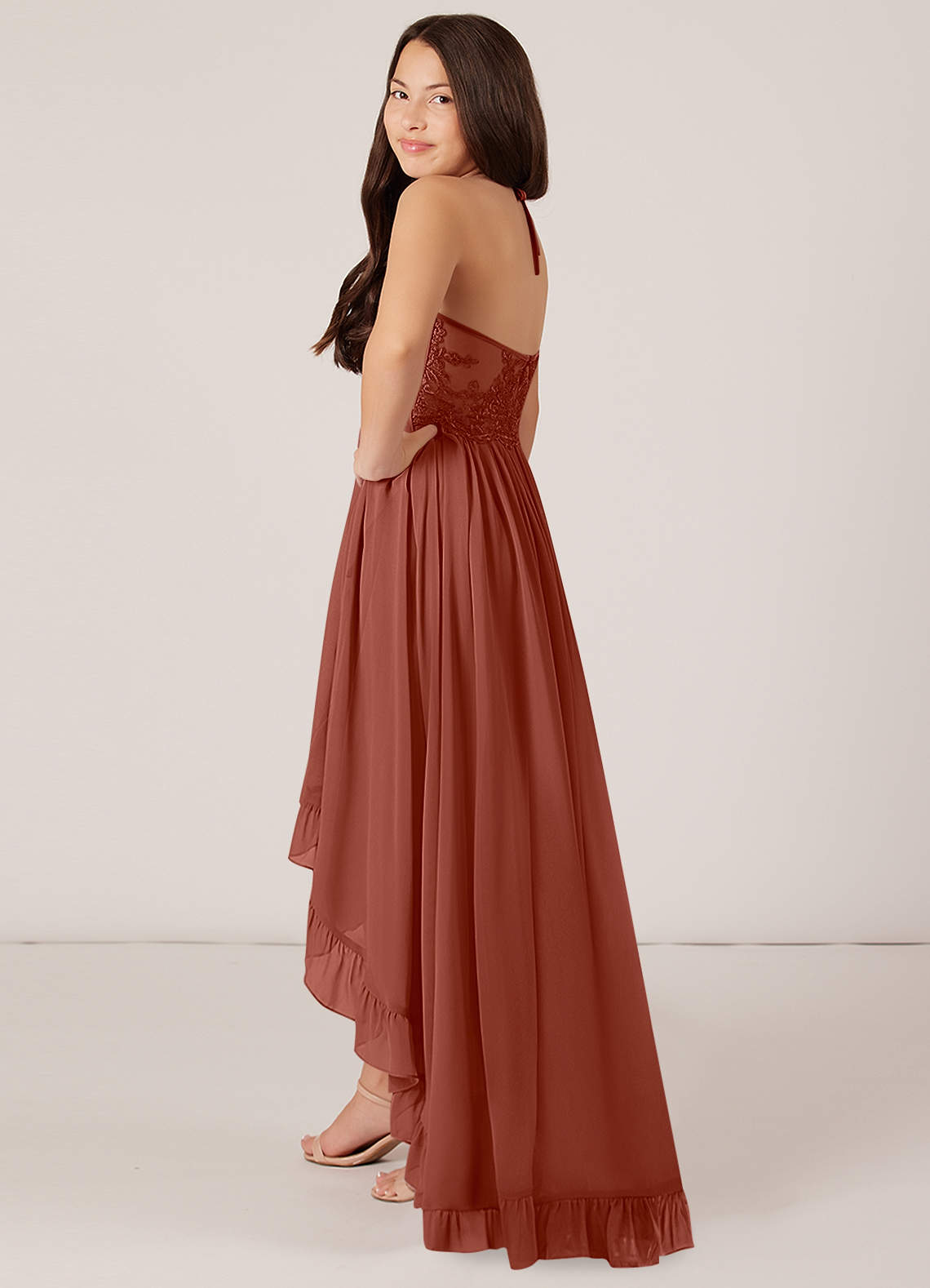 Azazie Sarafina Junior Auburn A-Line Lace Chiffon Dress image1