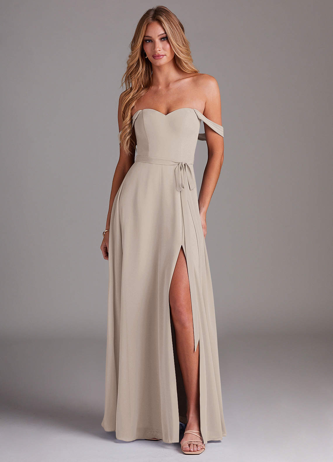Azazie Aaron Bridesmaid Dresses Frost A-Line Off the Shoulder Chiffon Convertible Dress image1