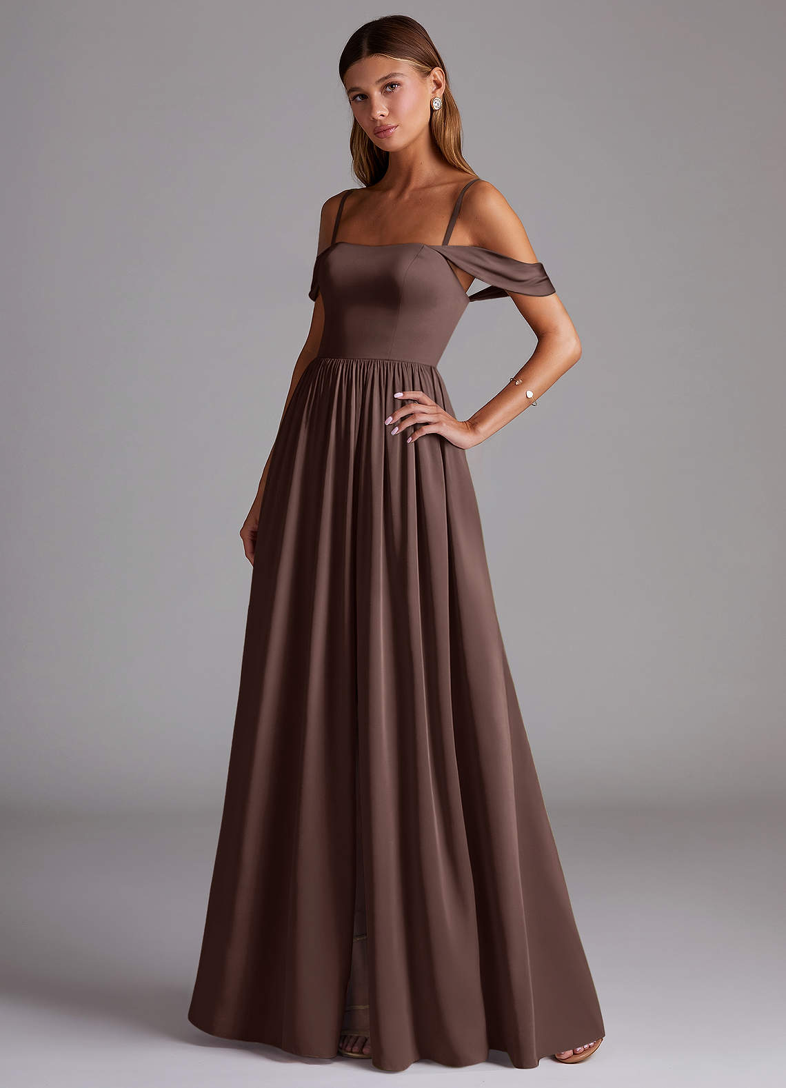 Azazie Calianna Bridesmaid Dresses Ganache A-Line Off the Shoulder Stretch Satin Convertible Dress image2