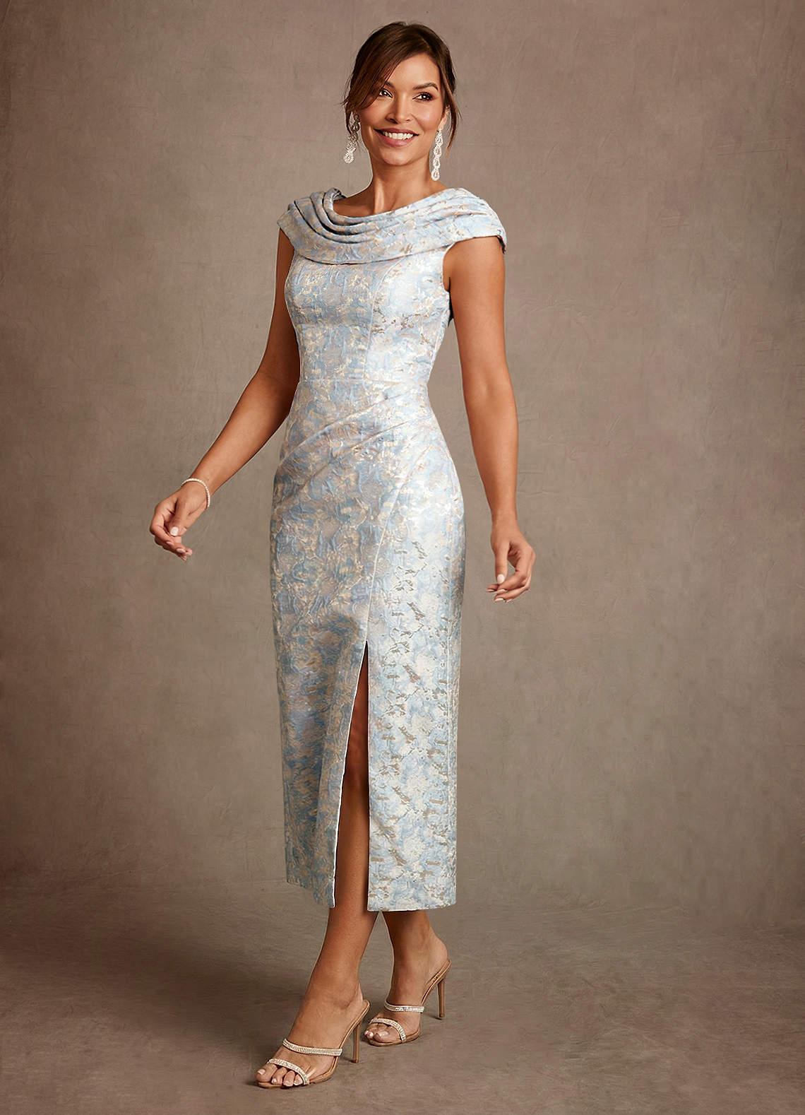 Azazie Alpine Dusty Blue A-Line Pleated Floral Jacquard Dress | Azazie