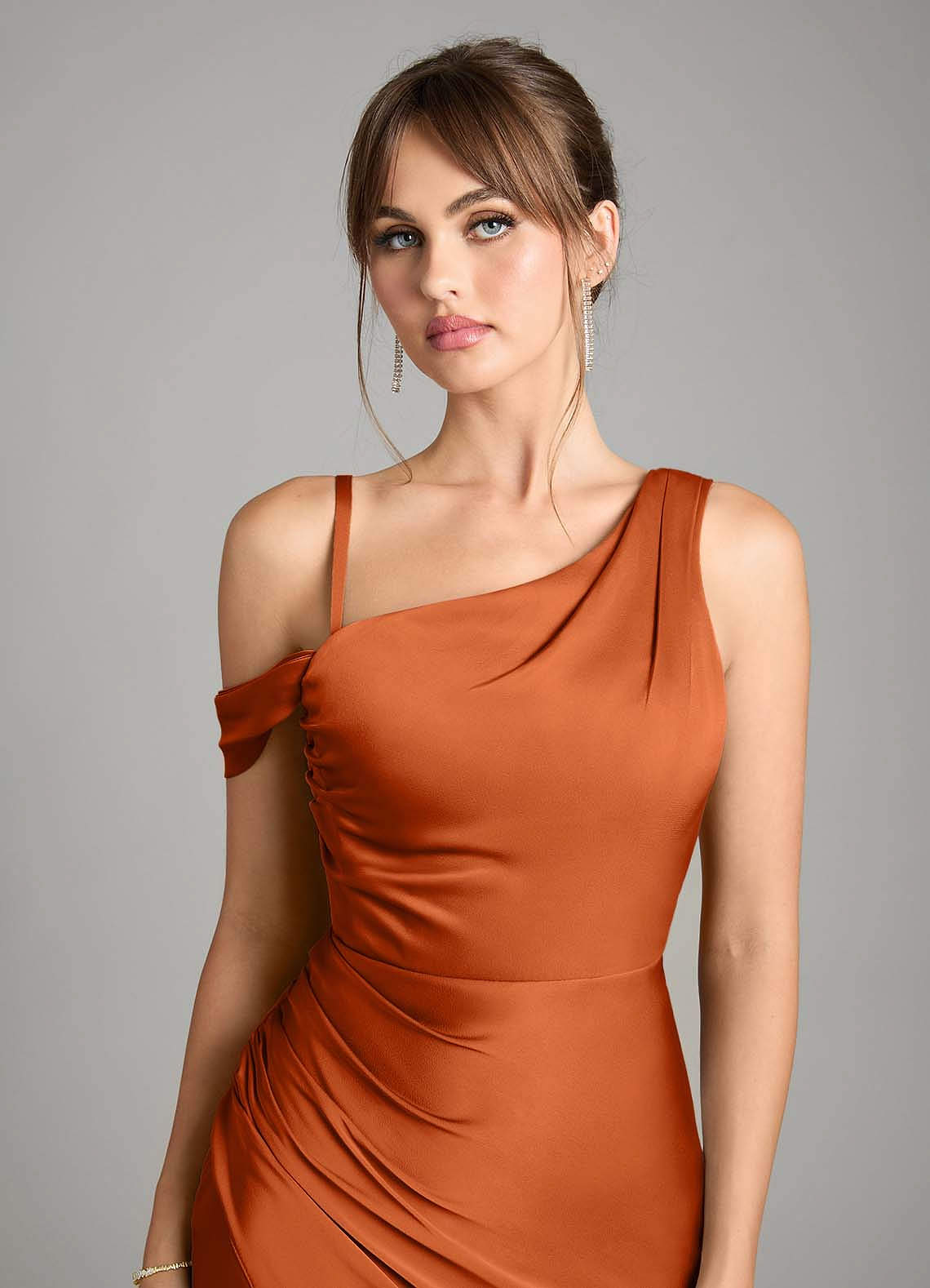 Azazie Mermaid One-Shoulder Floor-Length Stretch Satin Bridesmaid Dresses - Burnt Orange Azazie Mermaid One-Shoulder Floor-Length Stretch Satin Bridesmaid Dresses - Burnt Orange