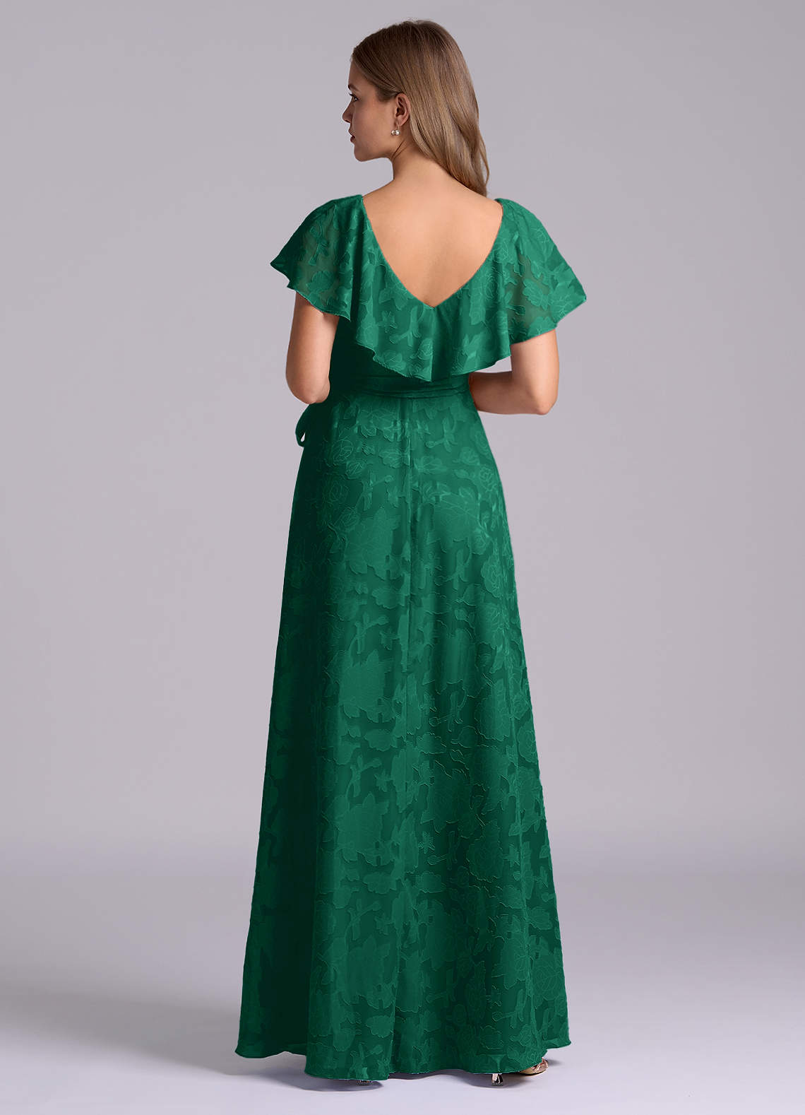 emerald green lace bridesmaid dresses A-line Illusion Lace Neck Chiffon Long Bridesmaid Dress Hunter Green / US 2 main image 1