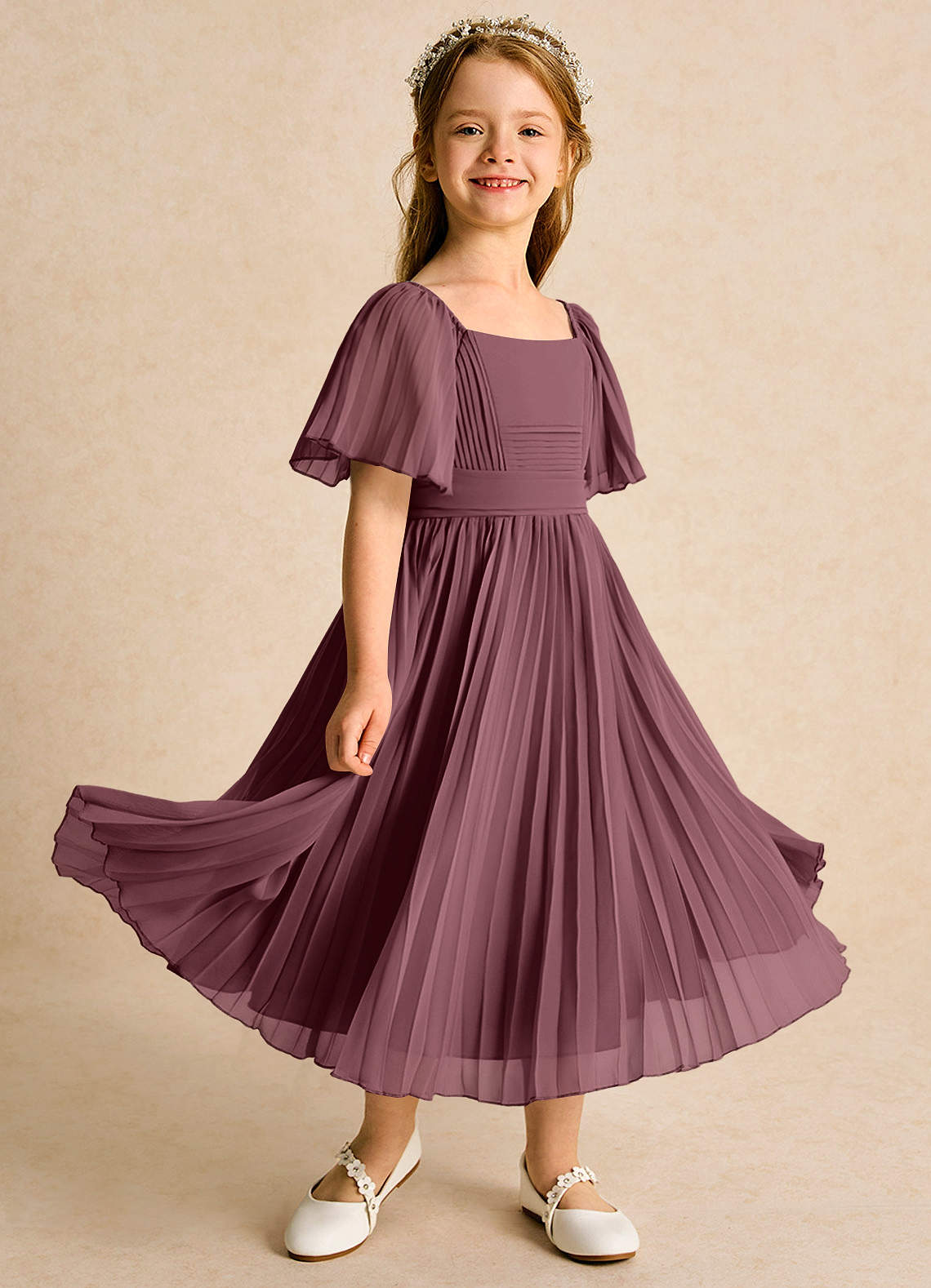 Azazie Gisele Abiti da Ragazza di Fiori Abito A-Line in Chiffon Plissettato Sangria image1