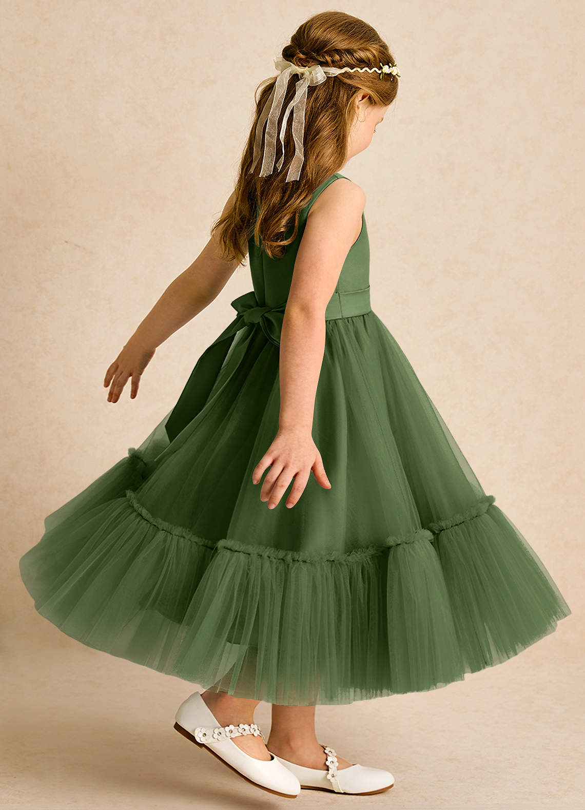 Azazie Miracle Flower Girl Dresses Olive A-Line Bow Matte Satin Dress image4