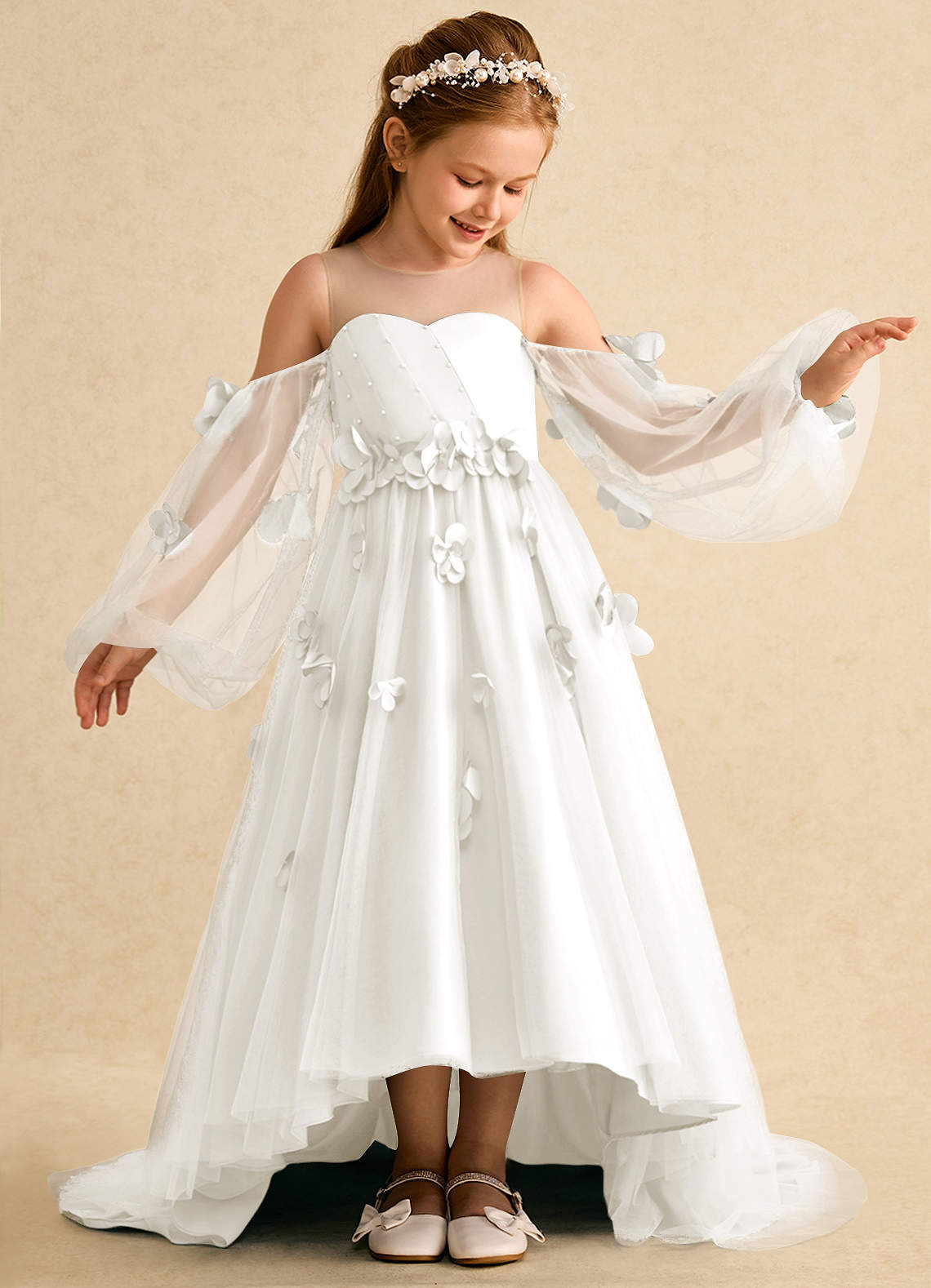 Azazie Karrie Ivory A-Line with Sleeves Tulle Dress | Azazie