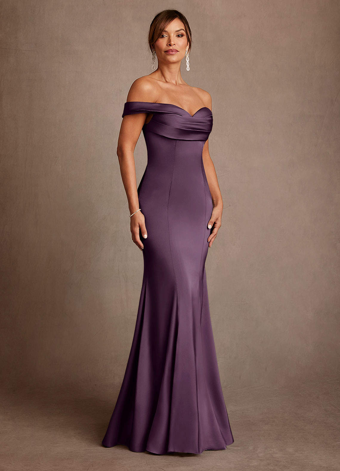 Azazie Boone Mother of the Bride Dresses Plum Mermaid Off the Shoulder Stretch Satin Dress image1