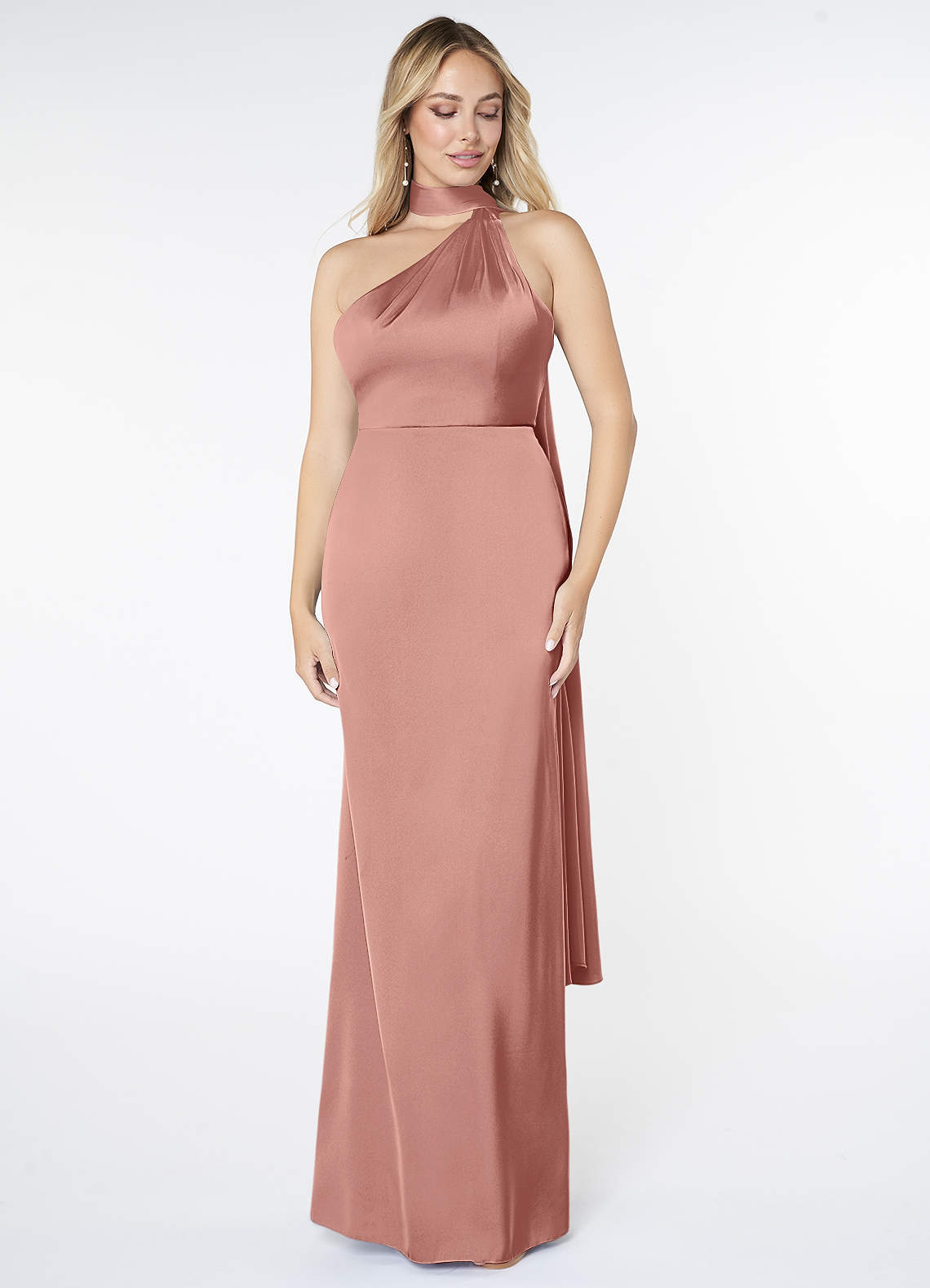 Azazie Kaylani Bridesmaid Dresses Rosette Mermaid High Neck Stretch Satin Dress image1