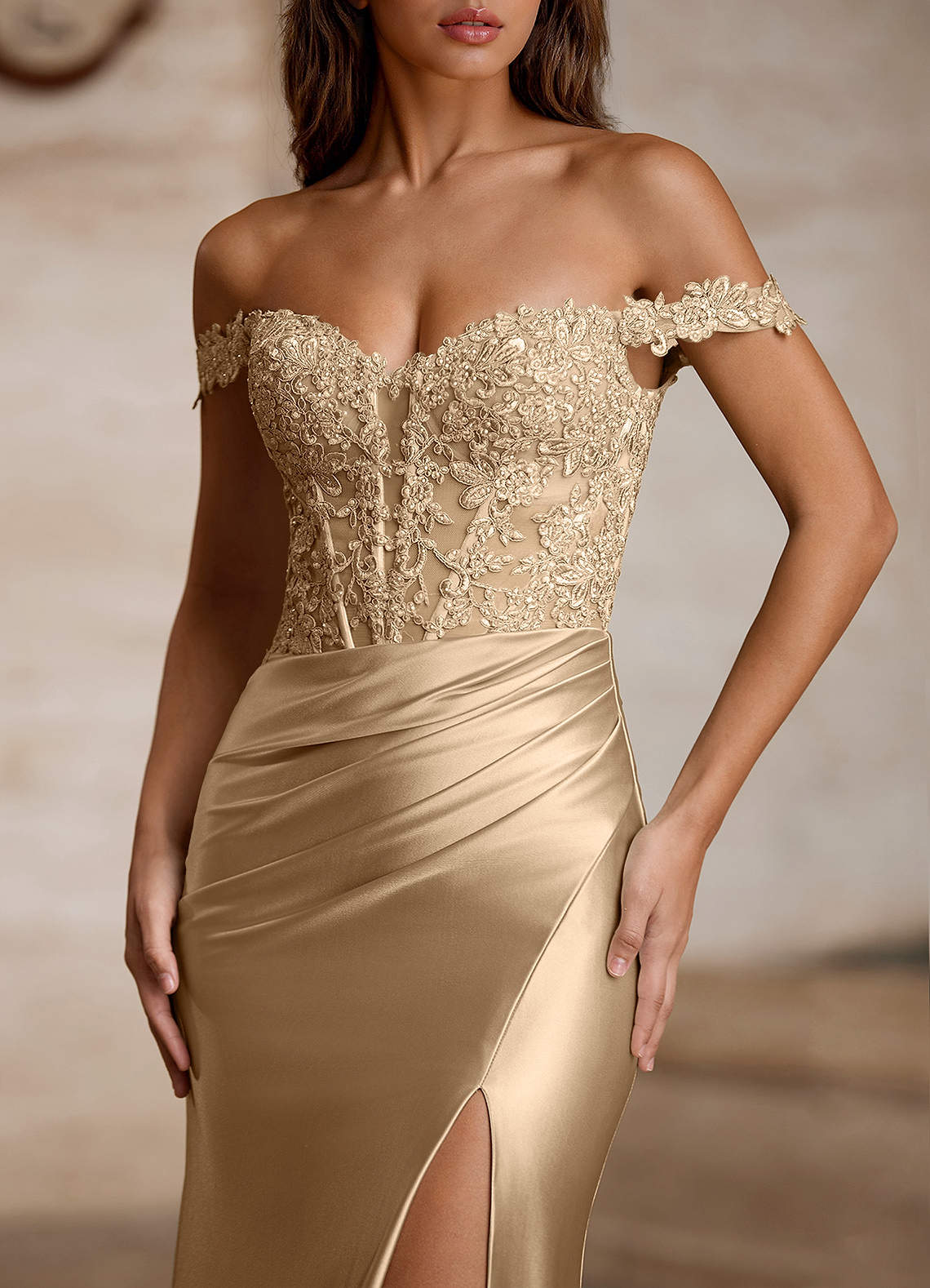 Wrentino Champagne Embroidered Appliqu Satin Prom Dress | Azazie