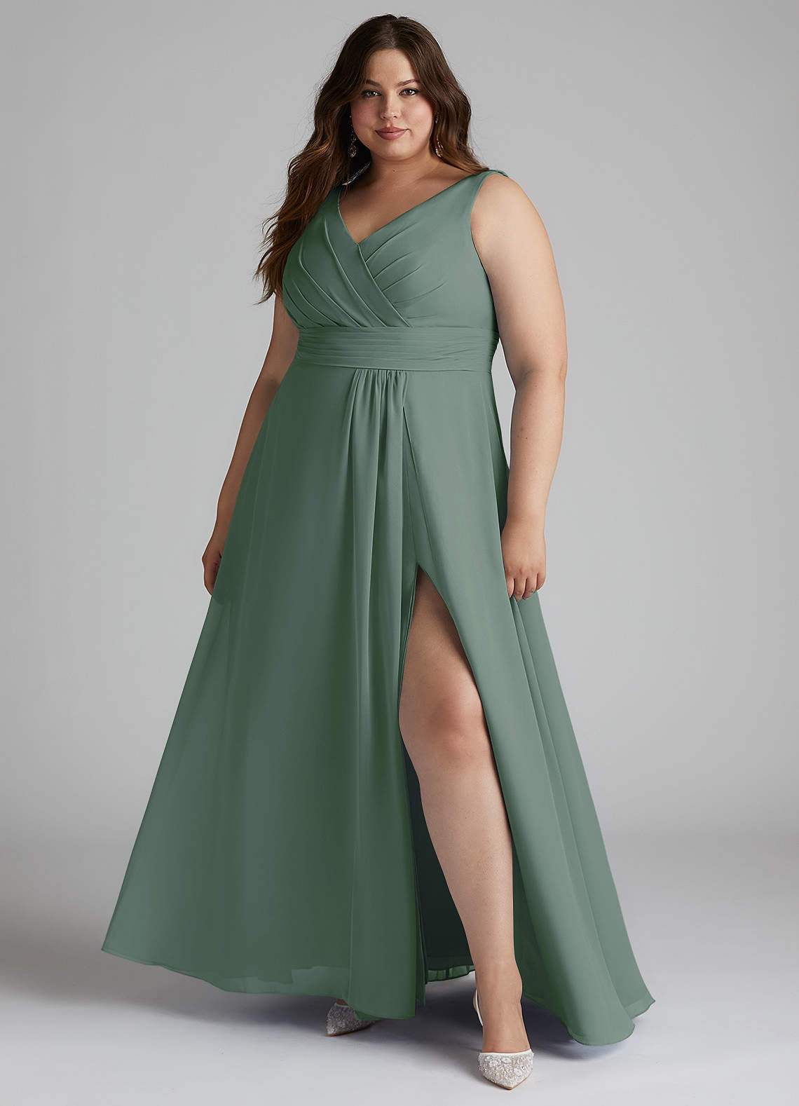 Azazie Karina Bridesmaid Dresses Eucalyptus A-Line Pleated Chiffon Dress image1