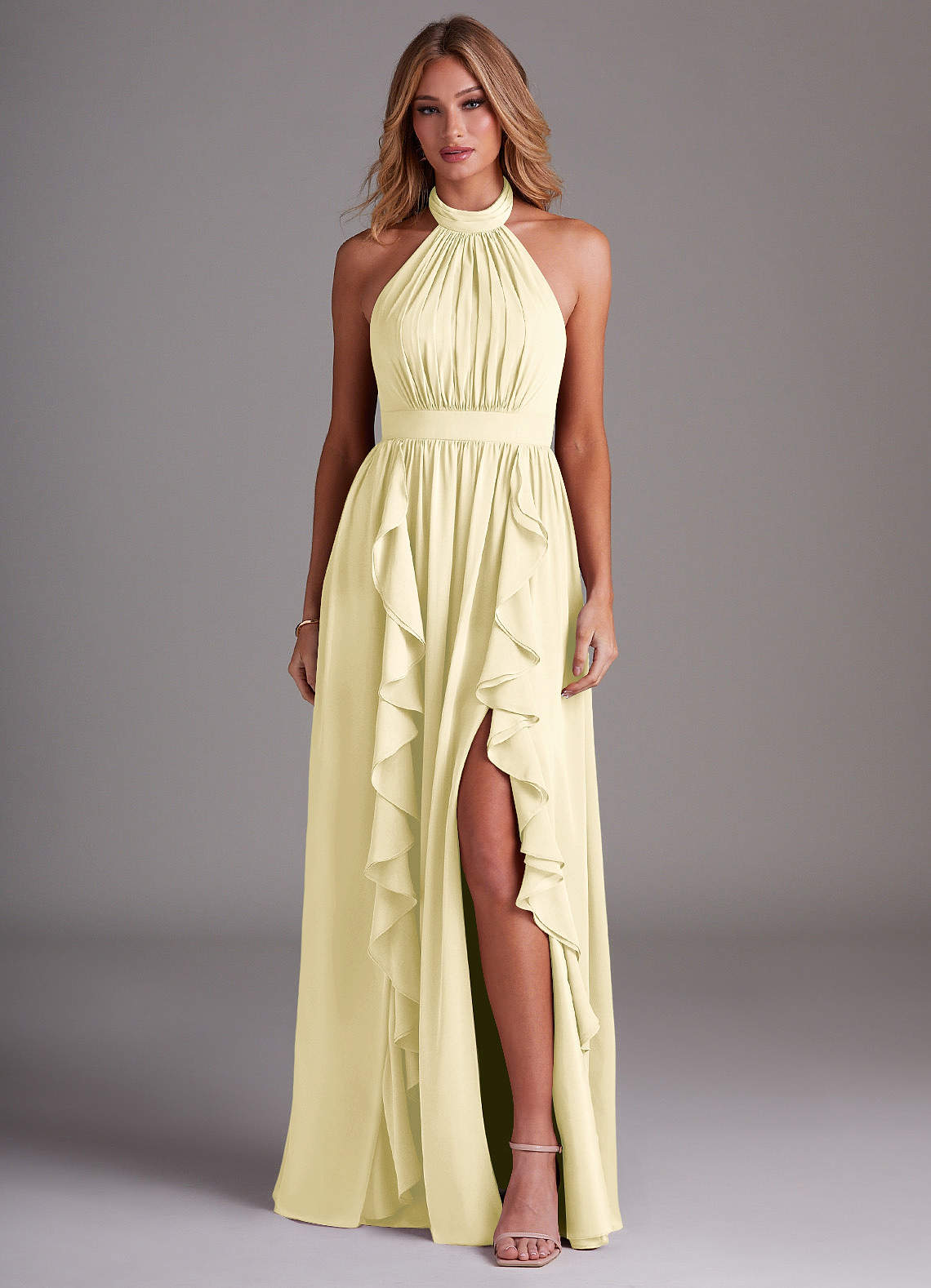 Azazie A-Line Halter Neck Floor-Length Chiffon Bridesmaid Dresses - Lemon Sorbet