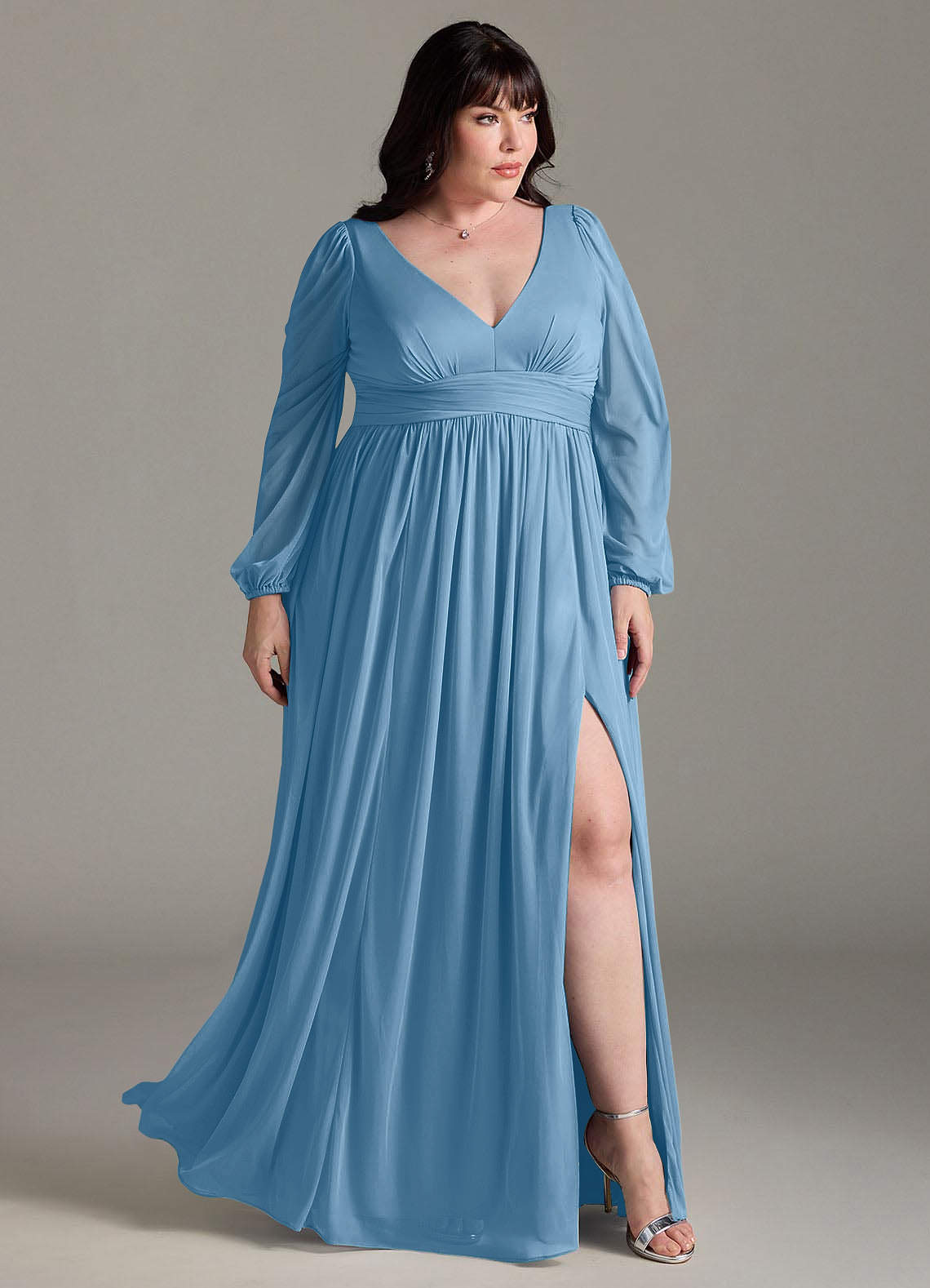 Azazie Norah Abiti da Damigella Abito A-Line in Chiffon con Maniche lunghe e Scollo a V Blu Acciaio image8