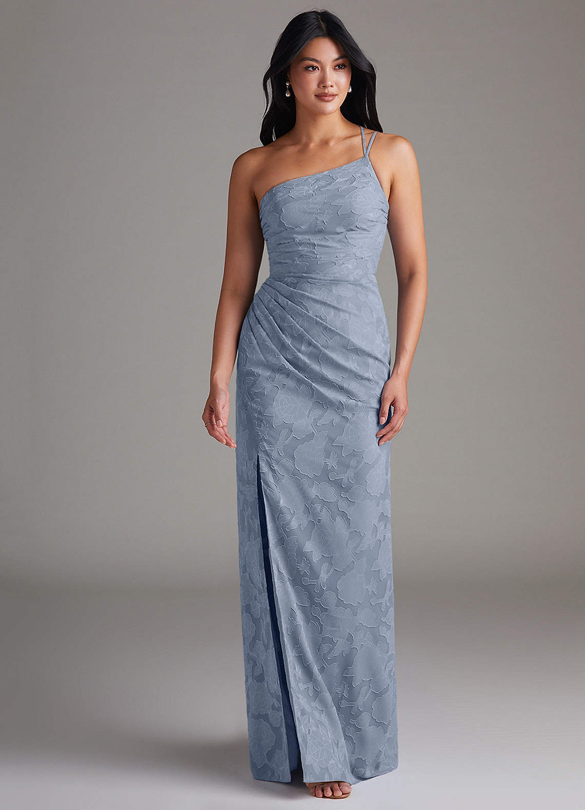 Azazie Eren Pasjurken voor thuis Jurk van Bloemen Burn-out met Kolom One-shoulder Stoffig Blauw image3