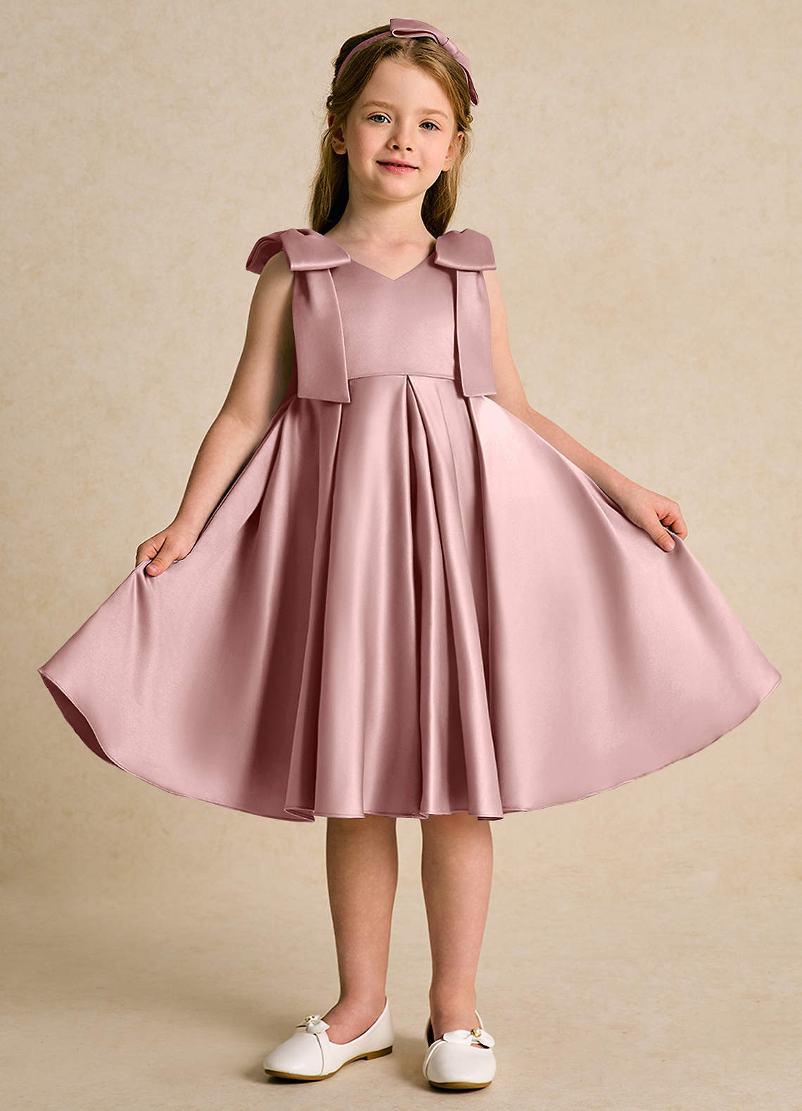 Azazie Guppie Abiti da Ragazza di Fiori Abito Principessa in Raso Opaco Plissettato Rosa Polverosa image1