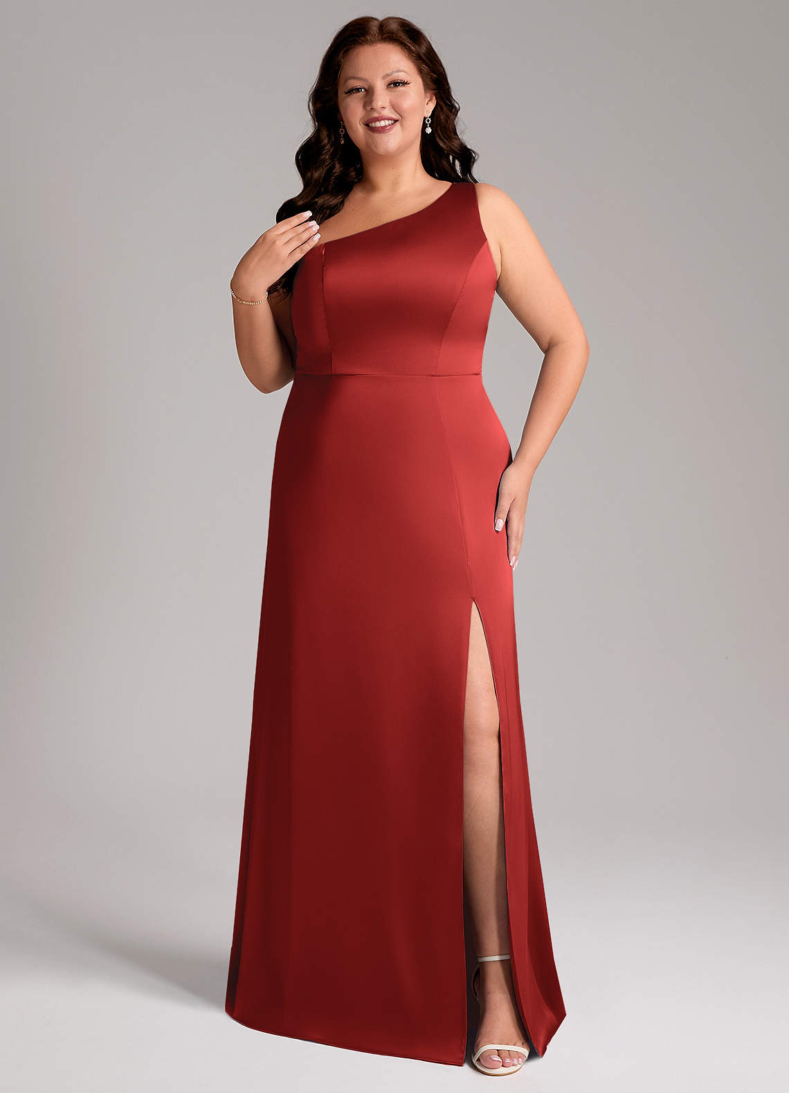 Azazie Phaedra Bridesmaid Dresses Pomegranate A-Line One Shoulder Stretch Satin Dress image1