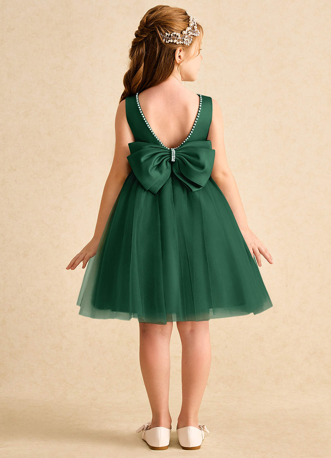 Azazie Jani Flower Girl Dresses Dark Green A-Line Bow Tulle Dress image1