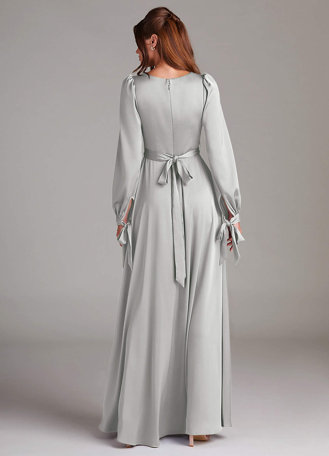 Azazie A-Line Square Neck Long Sleeve Floor-Length Stretch Satin Bridesmaid Dresses - Silver Azazie A-Line Square Neck Long Sleeve Floor-Length Stretch Satin Bridesmaid Dresses - Silver