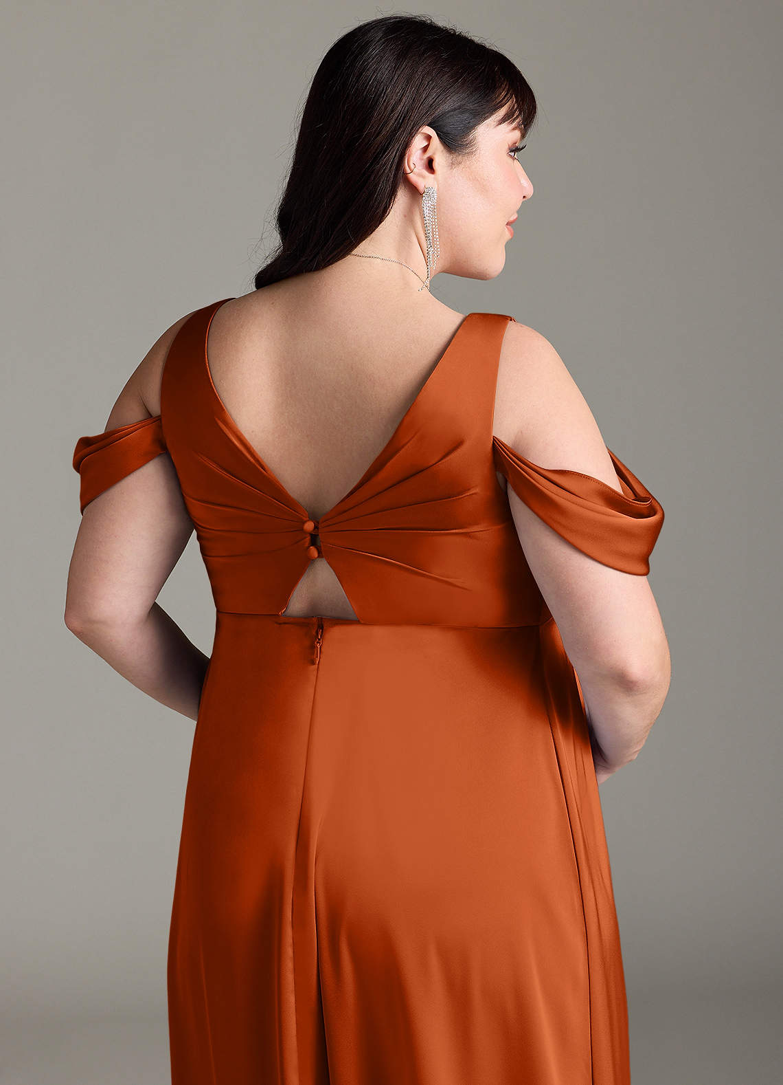 Azazie Rhea At-home Try On Dresses A-Line Off-The-Shouler Pleated Stretch Satin Floor-Length Dress image12