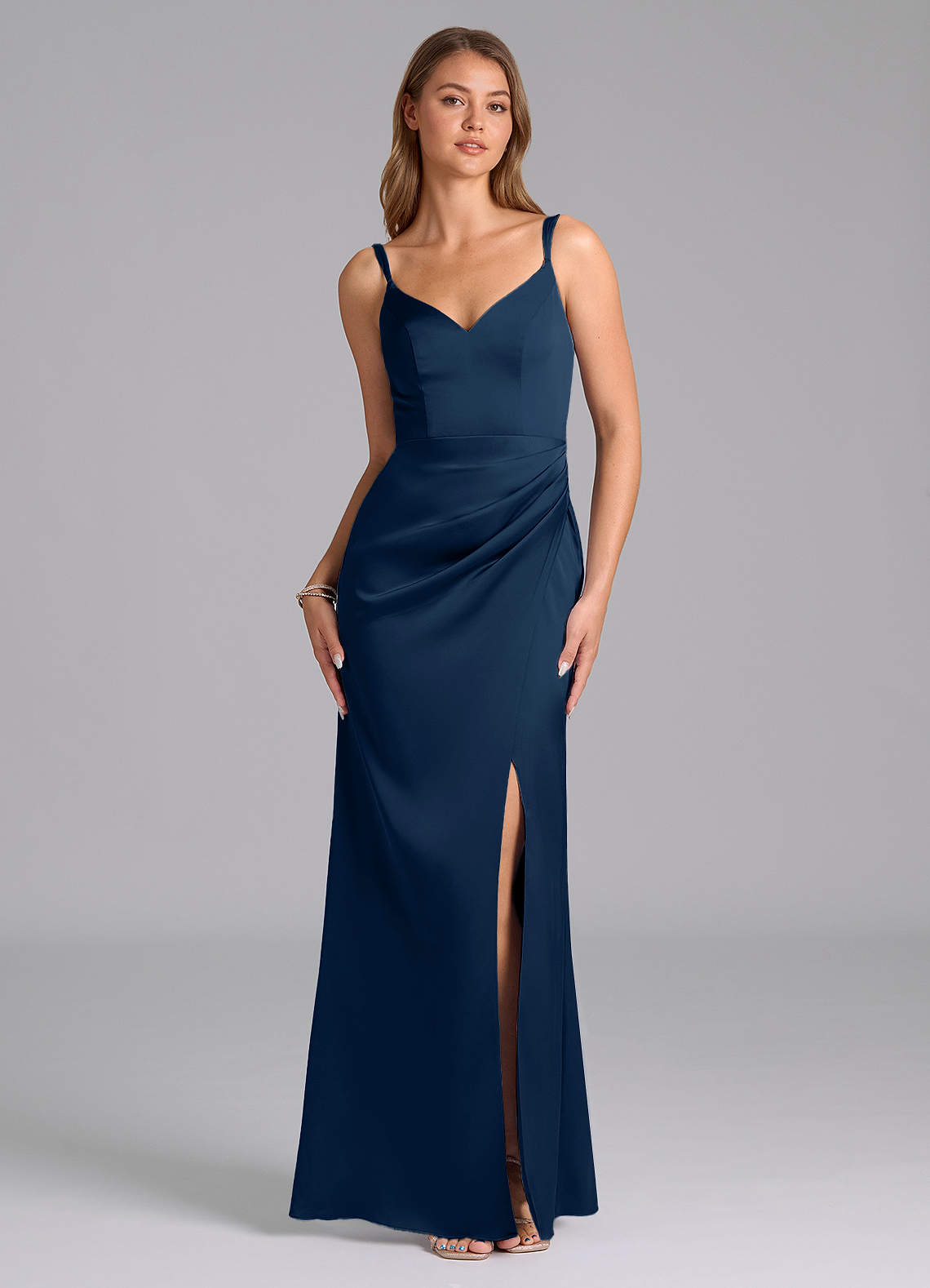 Azazie Leo Bridesmaid Dresses Dark Navy Sheath Pleated Stretch Satin Dress image1