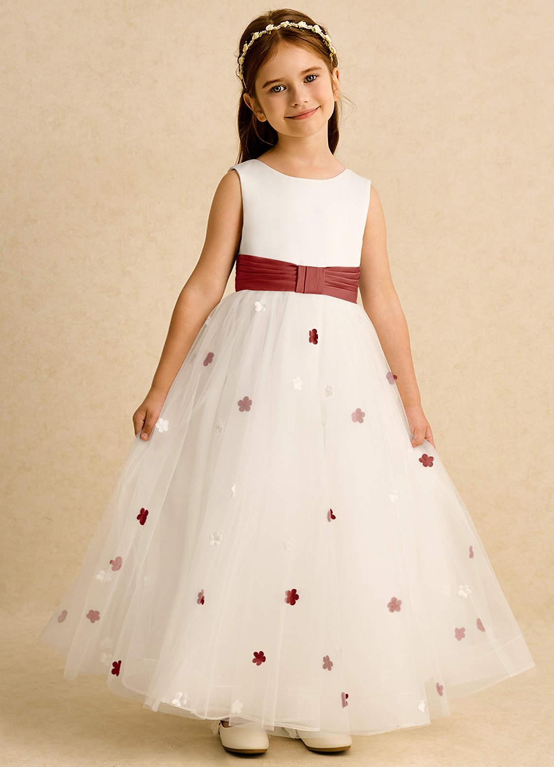 Azazie Cricket Flower Girl Dresses Ivory Terracotta Ball-Gown Pleated Matte Satin Dress image1