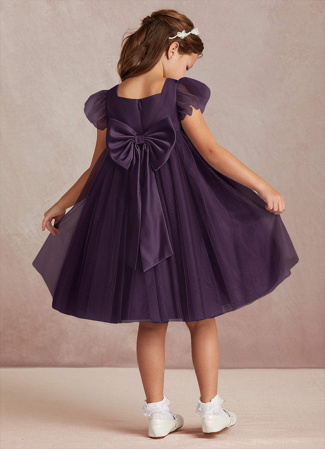 Azazie Kalio Flower Girl Dresses Plum A-Line with Sleeves Tulle Dress image1