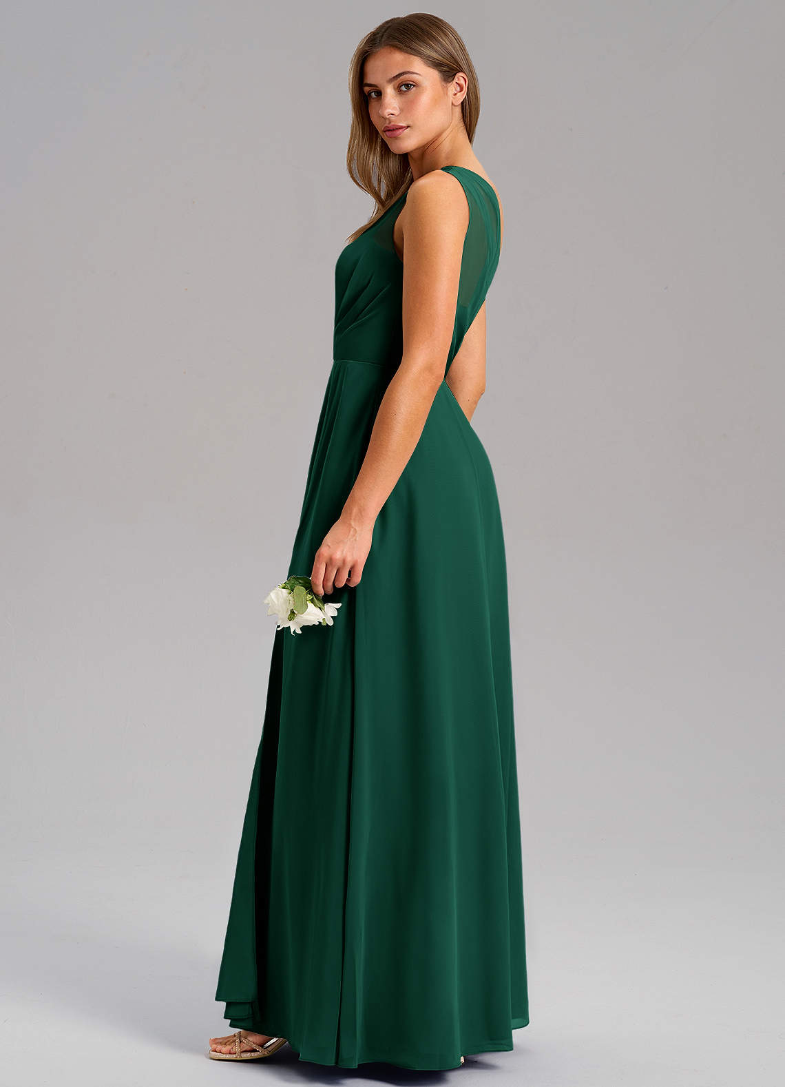 Azazie Phaedra Vestidos de madrinha de casamento Vestido Esmeralda de Chiffon de Linha A com Um ombro image5
