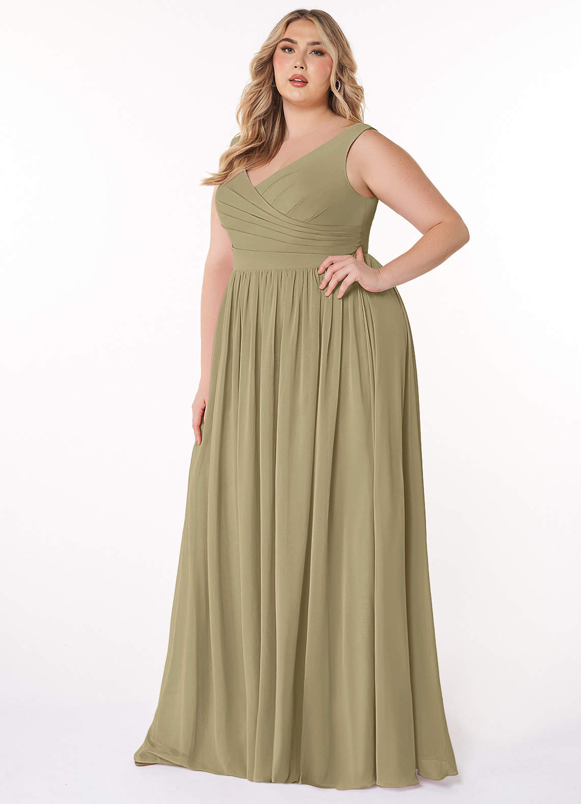 Azazie Keyla Bridesmaid Dresses Moss Green A-Line V-Neck Pleated Chiffon Dress image1