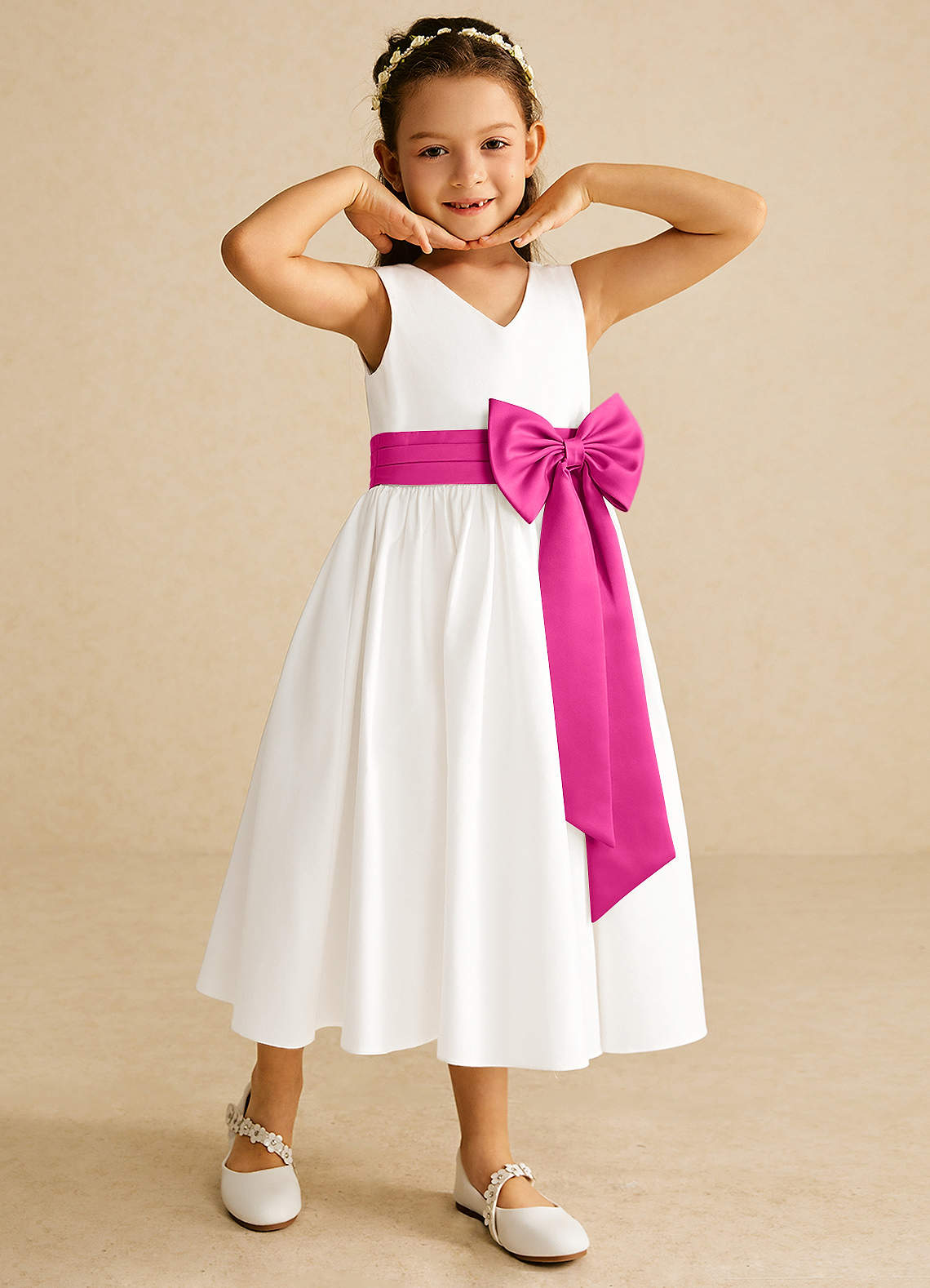 Azazie Darling Flower Girl Dresses Ivory Fuchsia A-Line Bow Cotton Dress image1