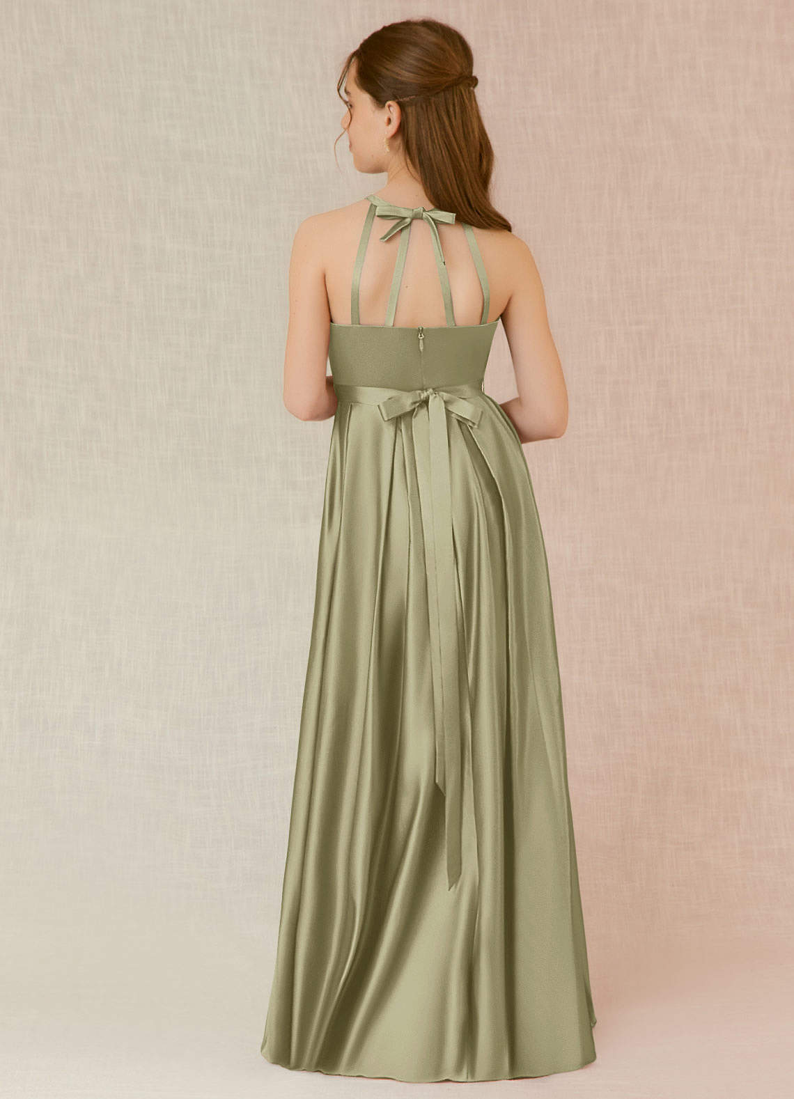 Azazie Arianthe Junior Pistachio A-Line with Pockets Stretch Satin Dress image1