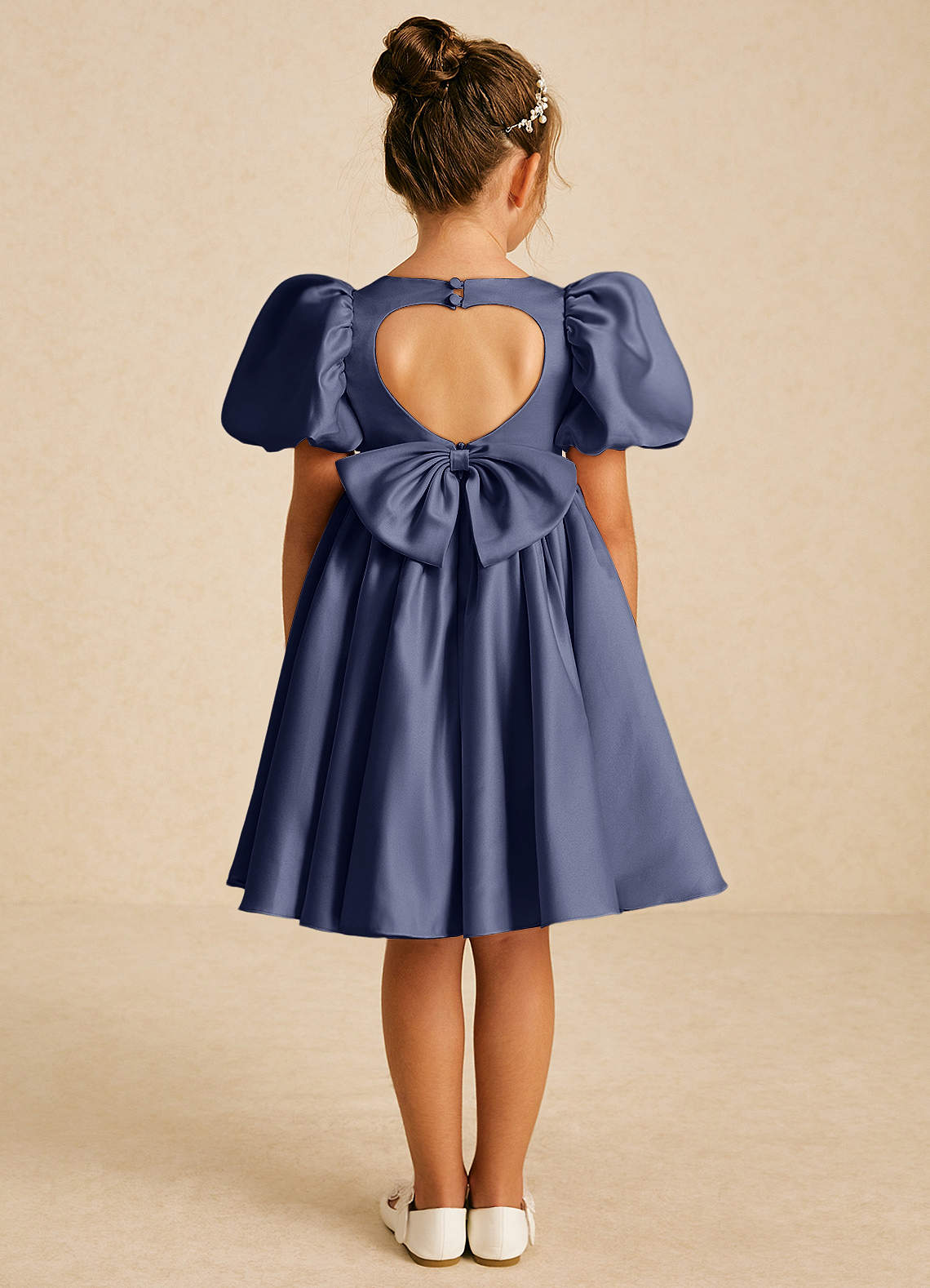 Azazie Muffin Blumenmädchenkleider A-Linie mit ärmel Matte Satin Kleid Sturm image1